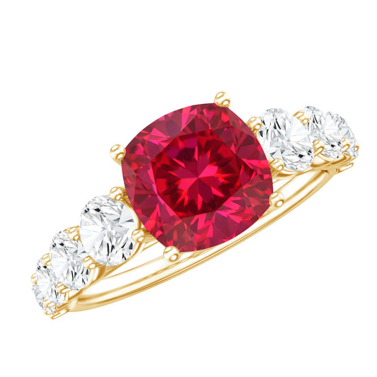 2 Carat Cushion Cut Lab Created Ruby Engagement Ring with Side Stones
