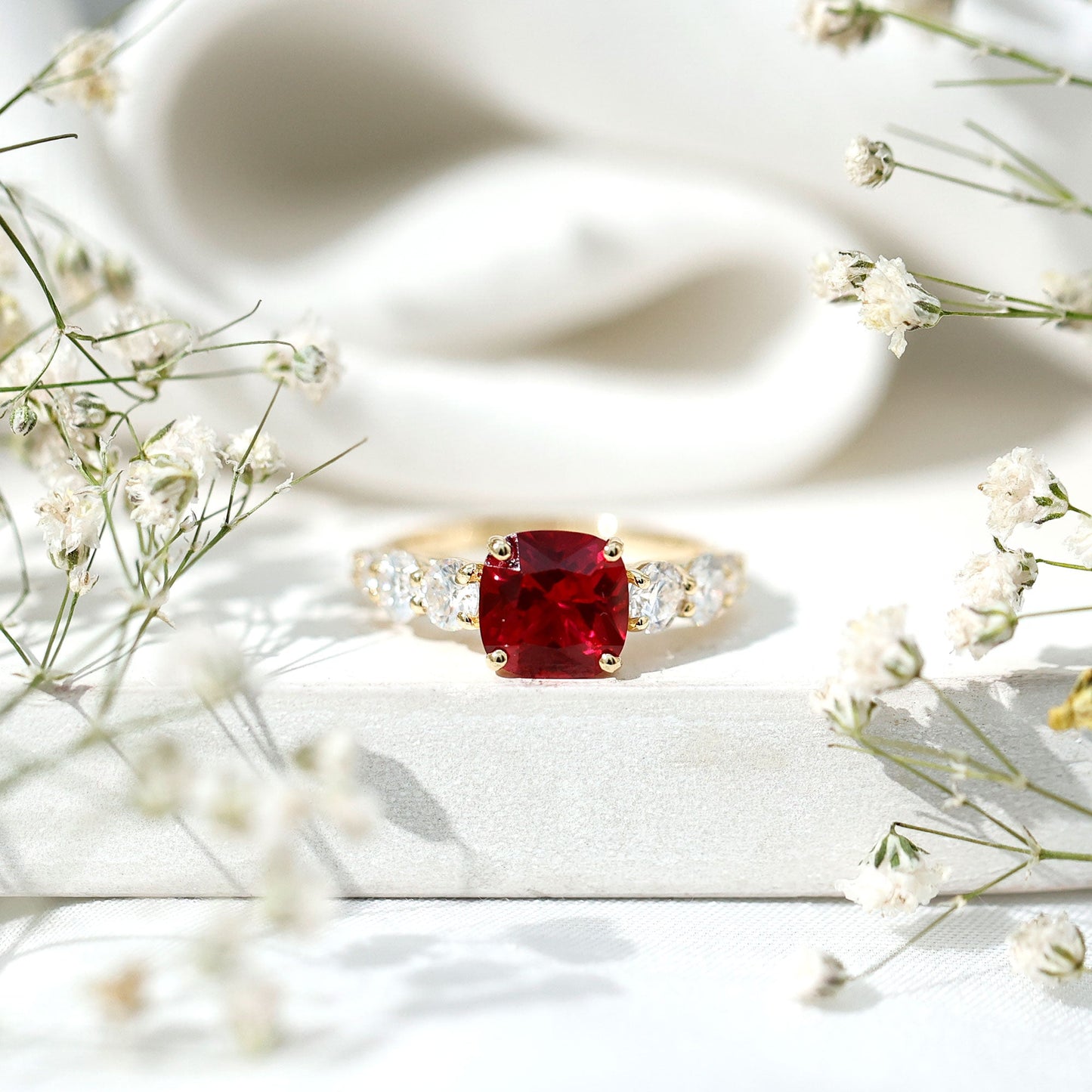 2 Carat Cushion Cut Lab Created Ruby Engagement Ring with Side Stones