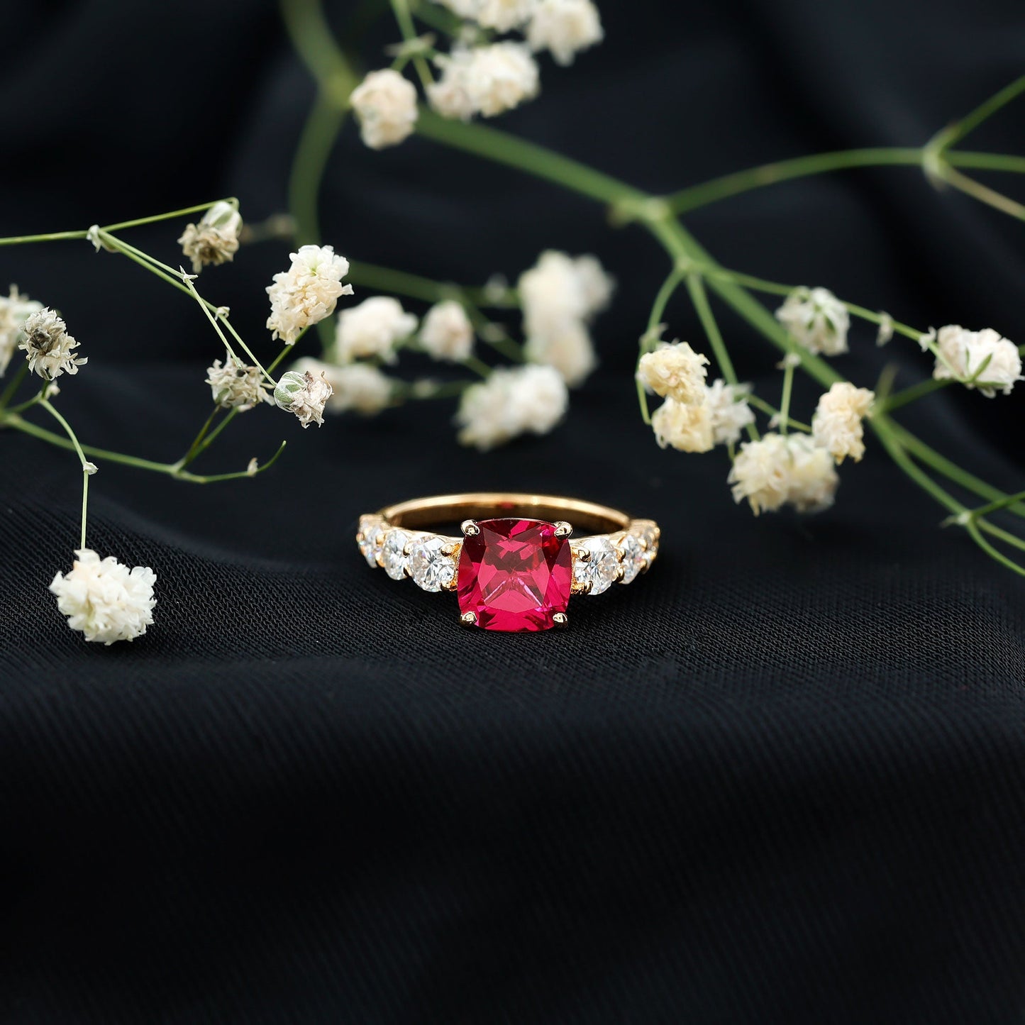 2 Carat Cushion Cut Lab Created Ruby Engagement Ring with Side Stones