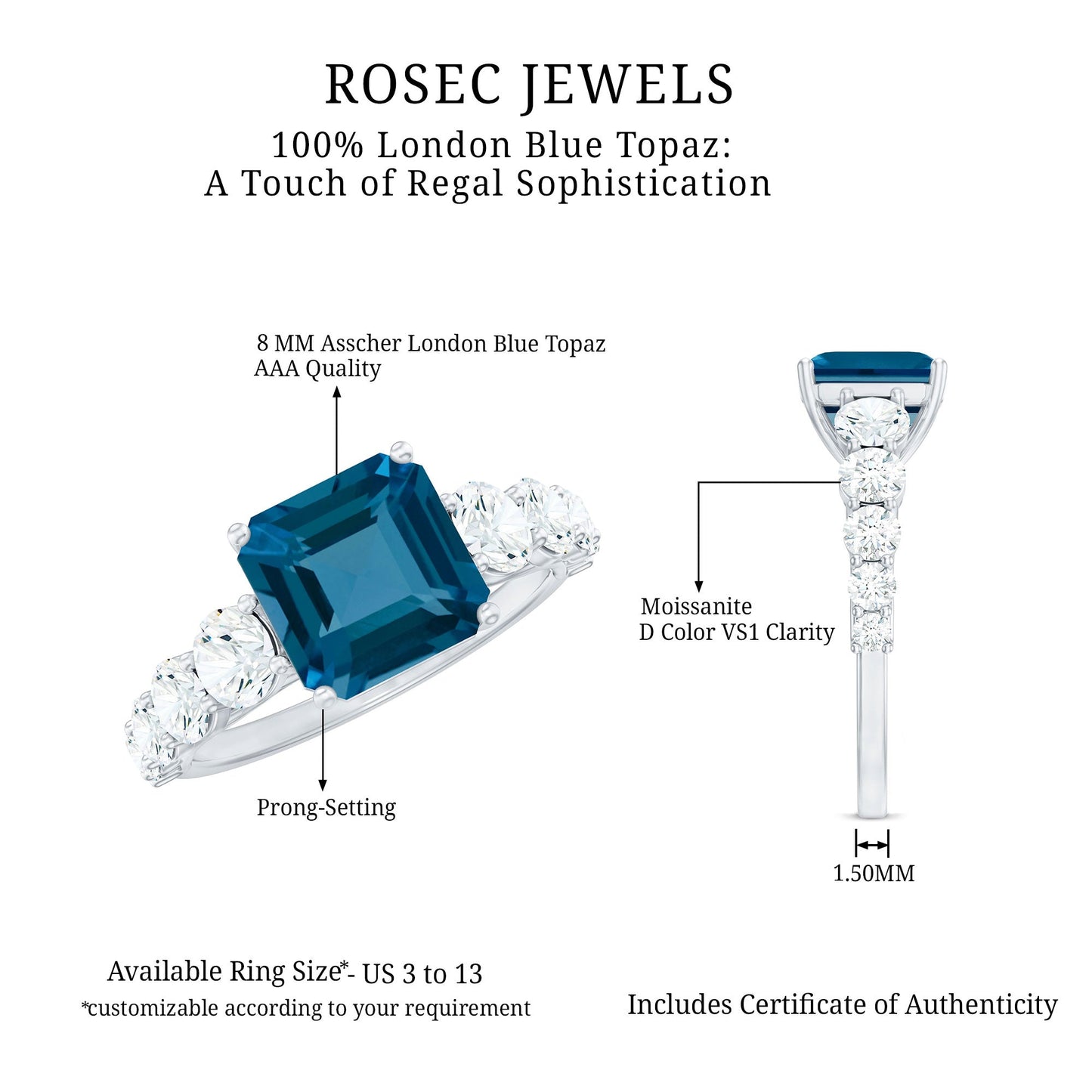 3 Carat Asscher Cut London Blue Topaz Solitaire Engagement Ring with Moissanite