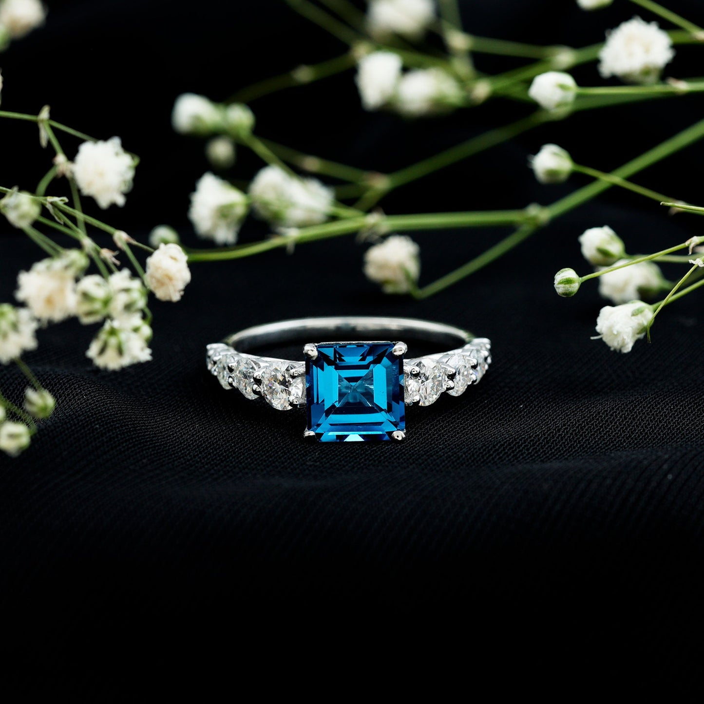 3 Carat Asscher Cut London Blue Topaz Solitaire Engagement Ring with Moissanite