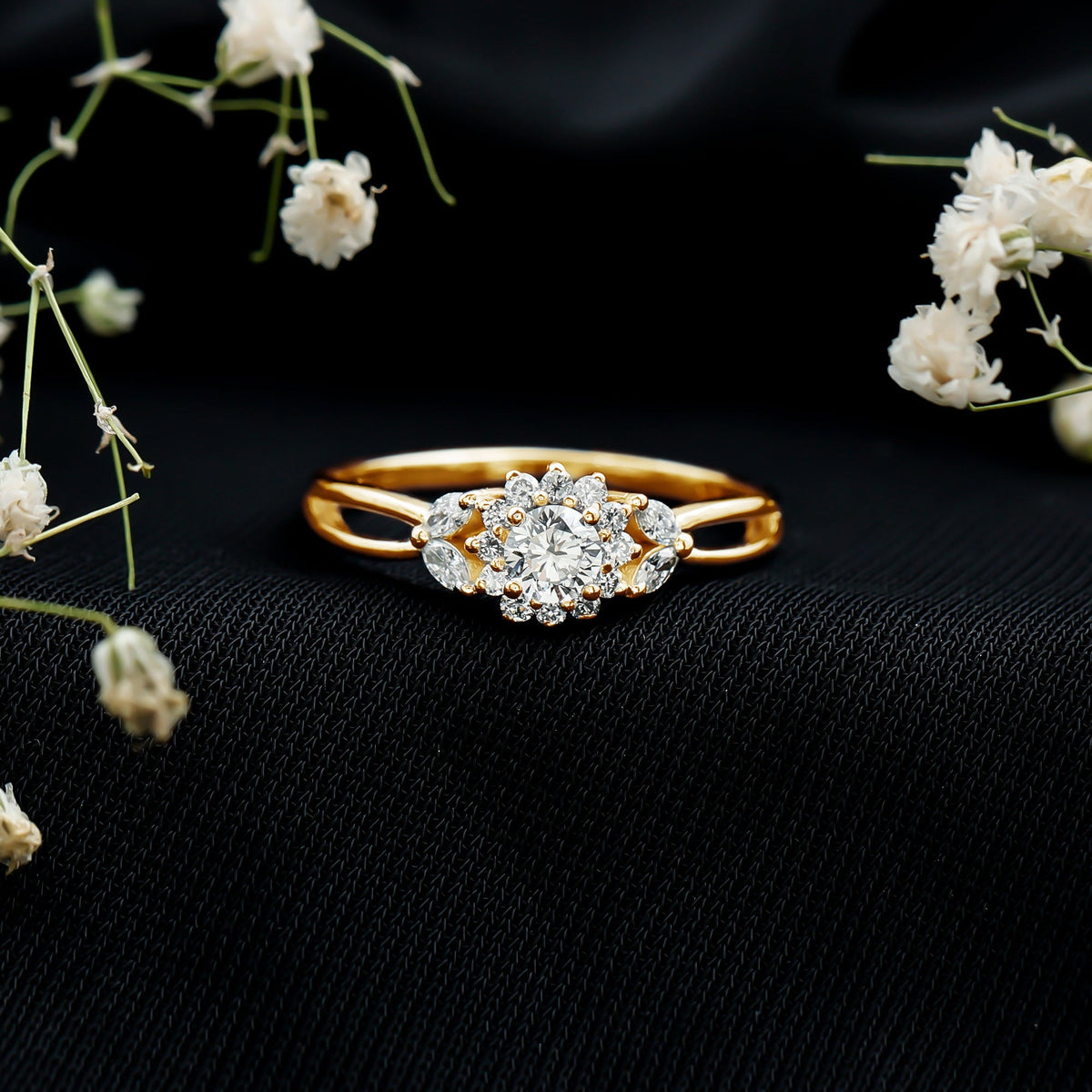 Diamond Flower Engagement Ring with Split Shank