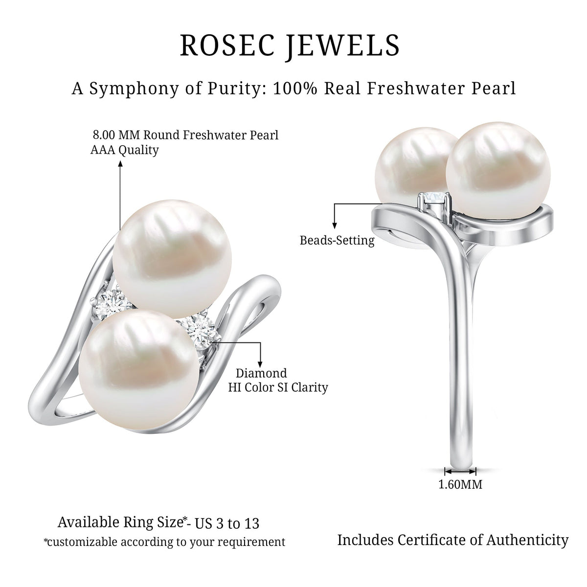 Freshwater Pearl Toi Et Moi Engagement Ring with Diamond