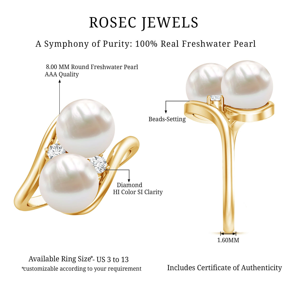 Freshwater Pearl Toi Et Moi Engagement Ring with Diamond