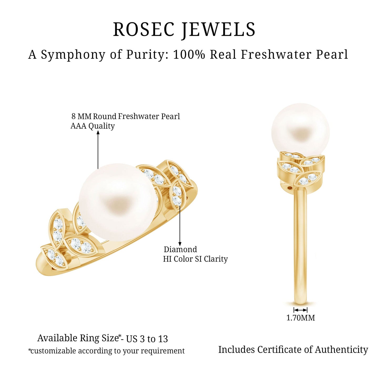 Freshwater Pearl Solitaire Engagement Ring with Diamond Leaf Shank