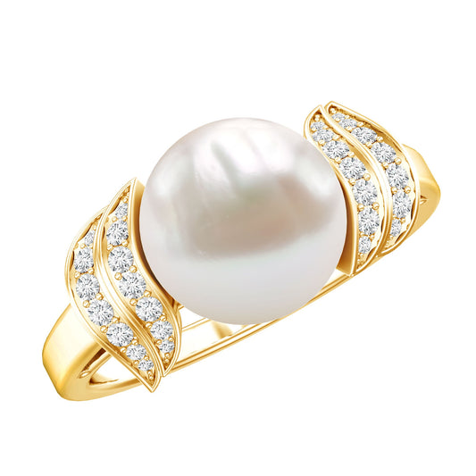 Real 8 Carat Freshwater Pearl Engagement Ring with Diamond for Women