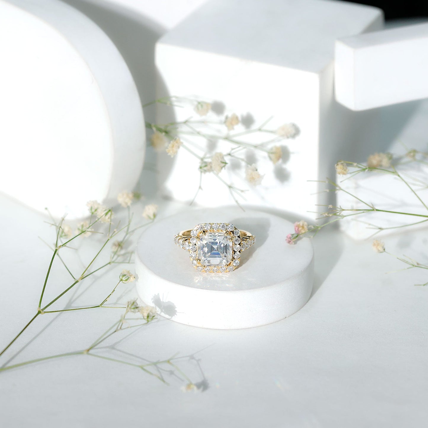 2.5 Carat Certified Asscher Cut Moissanite Halo Engagement Ring