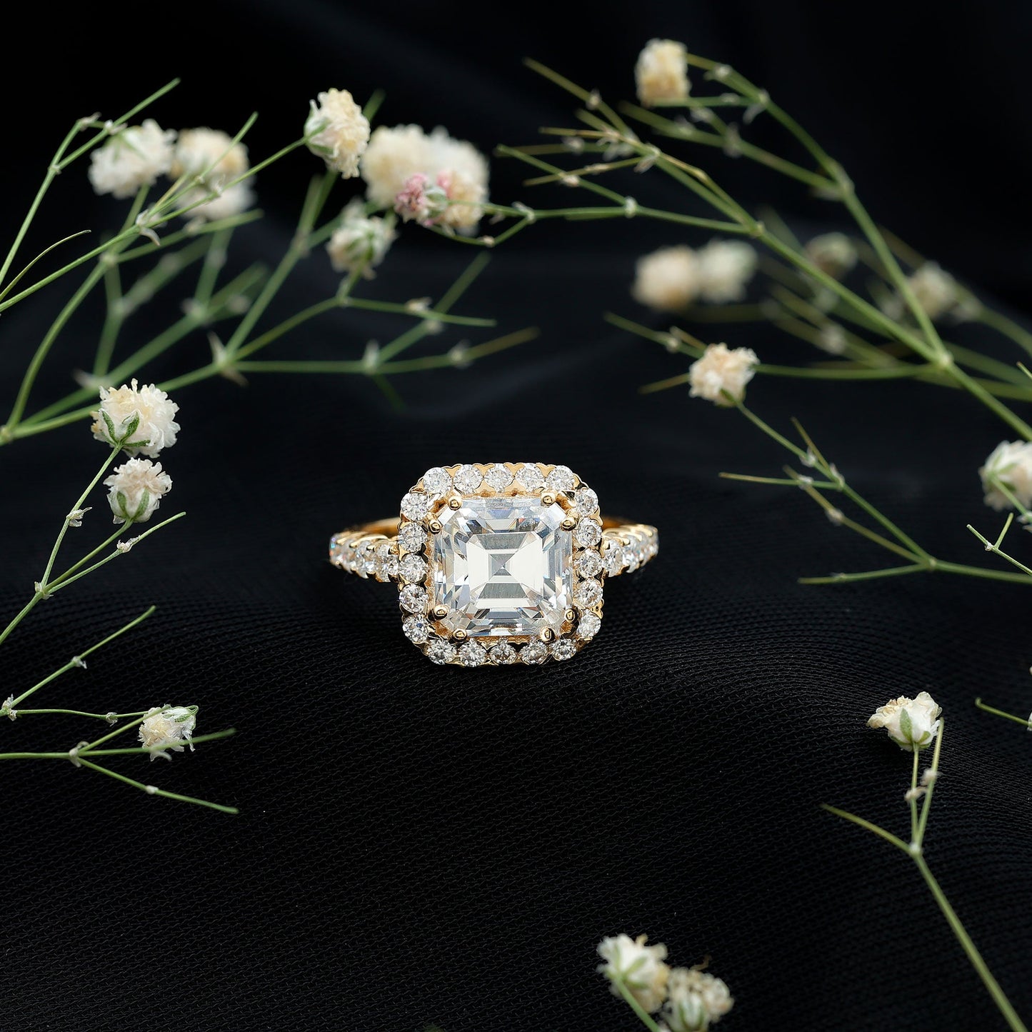 2.5 Carat Certified Asscher Cut Moissanite Halo Engagement Ring