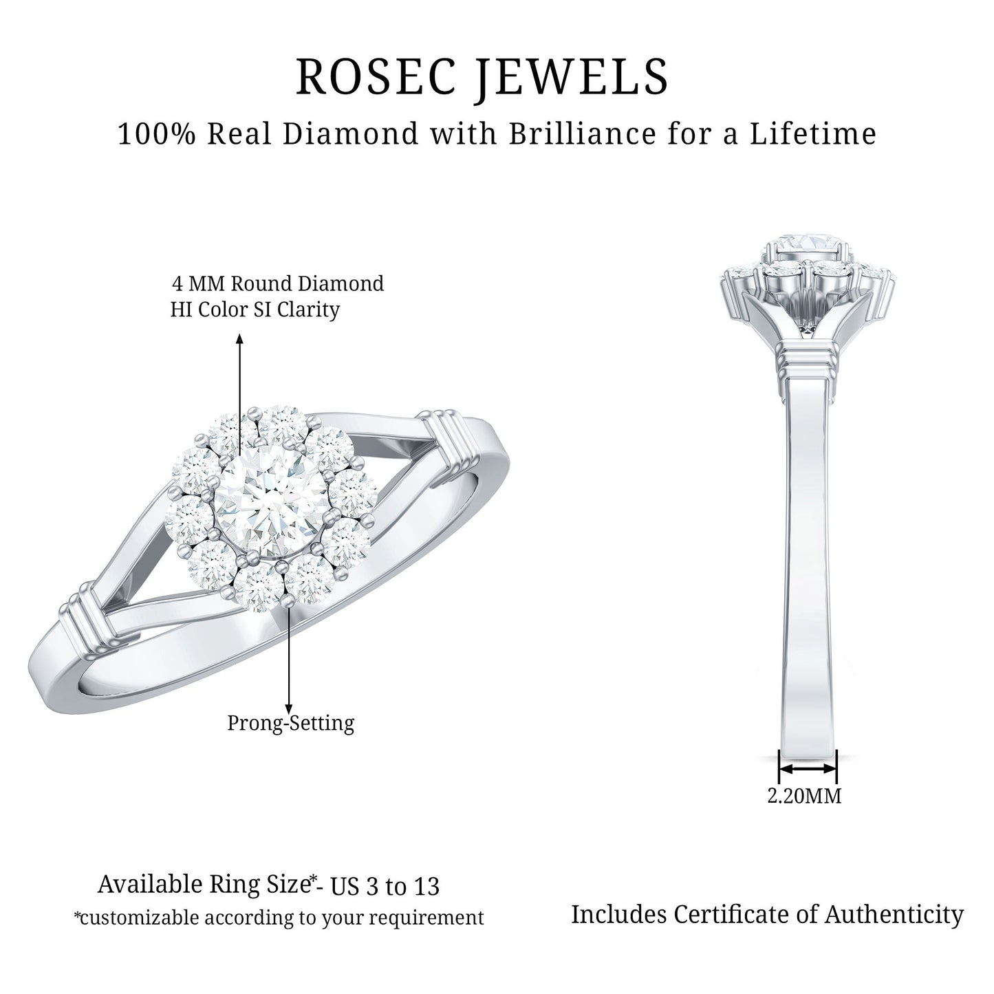 Natural Diamond Halo Engagement Ring with Split Shank