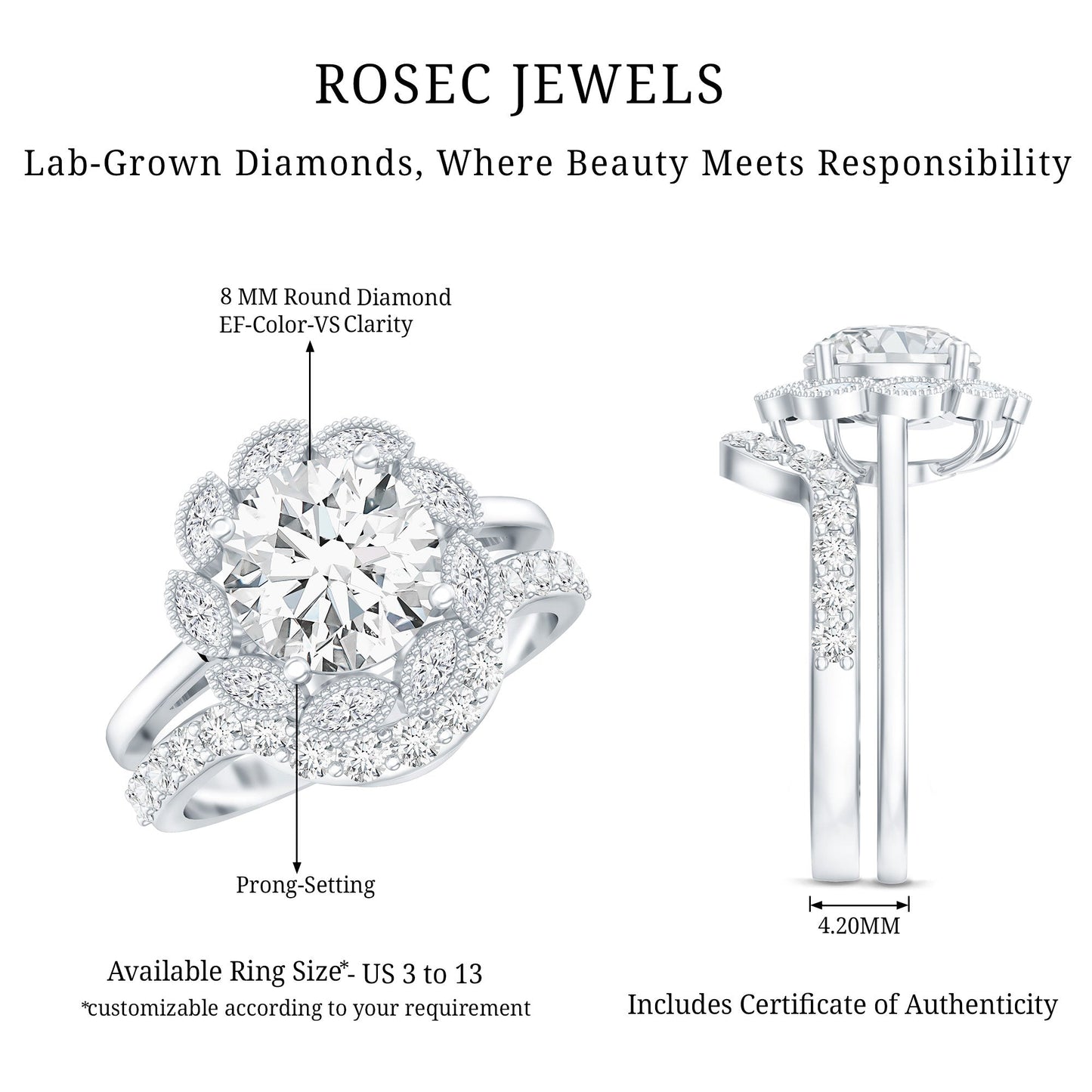 Lab Grown Diamond Vintage Inspired Engagement Ring with Wedding Band