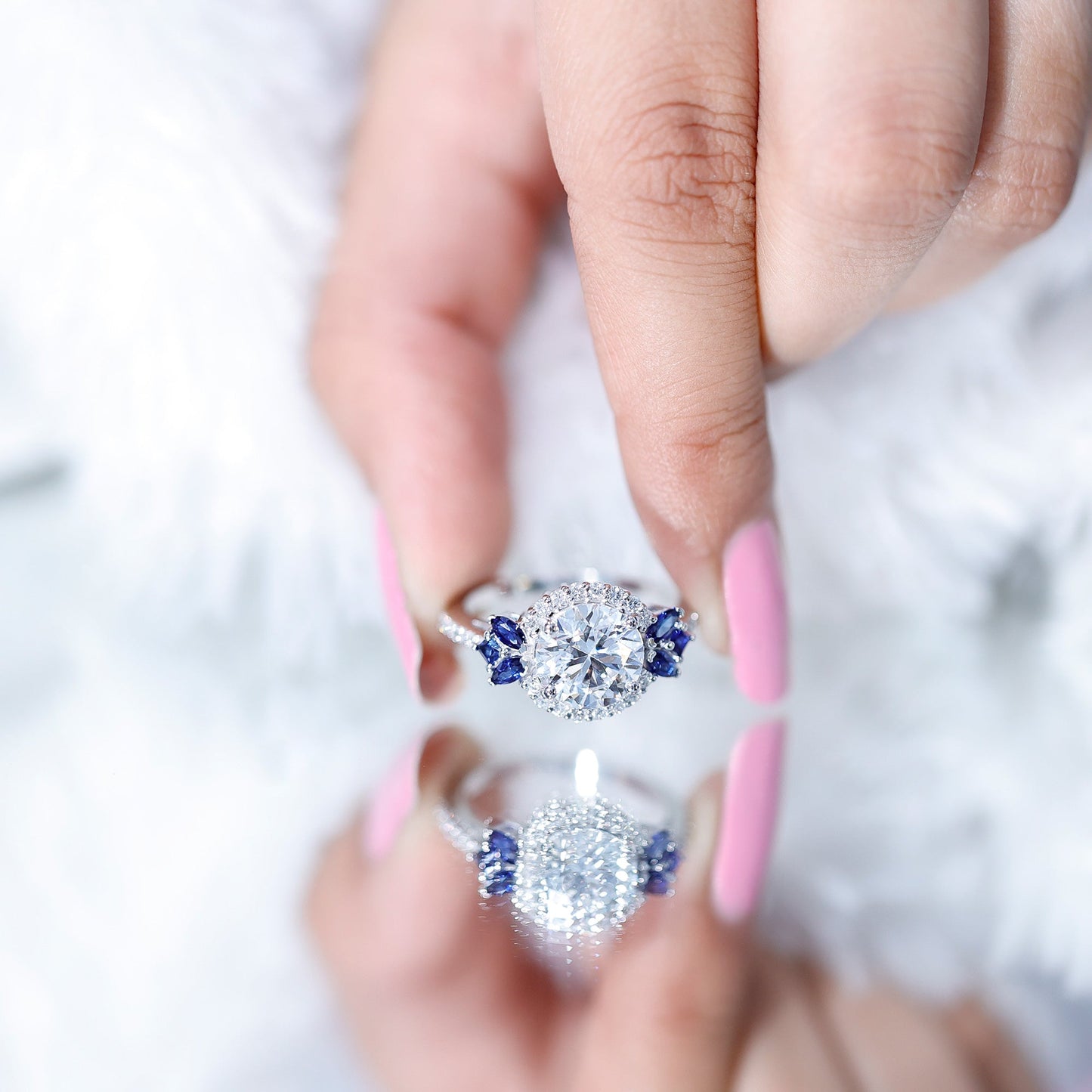 3 Carat Lab Grown Diamond Halo Engagement Ring With Blue Sapphire