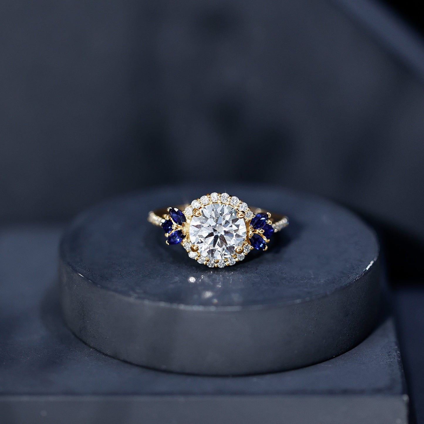 3 Carat Lab Grown Diamond Halo Engagement Ring With Blue Sapphire