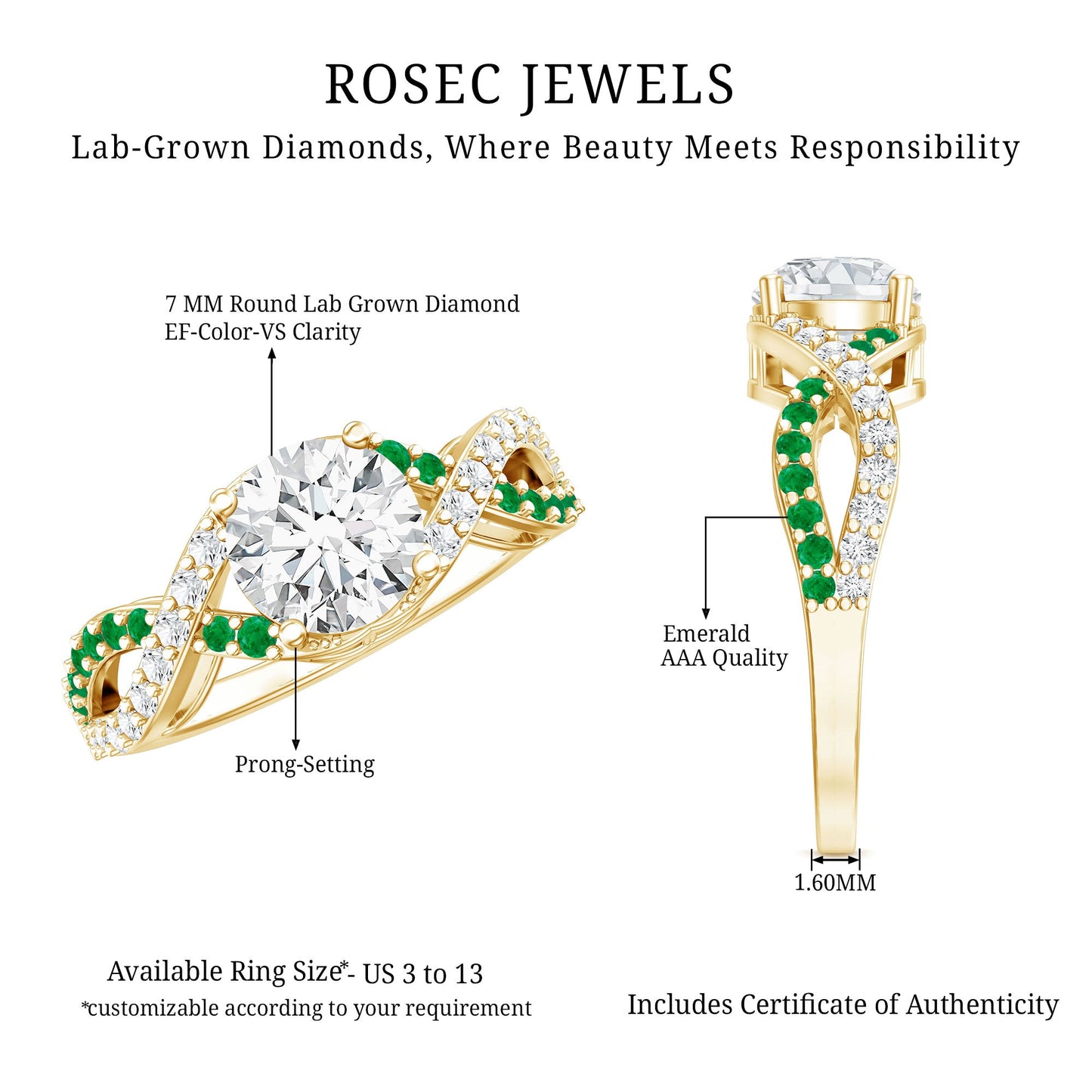 Lab Grown Diamond Crossover Engagement Ring with Emerald