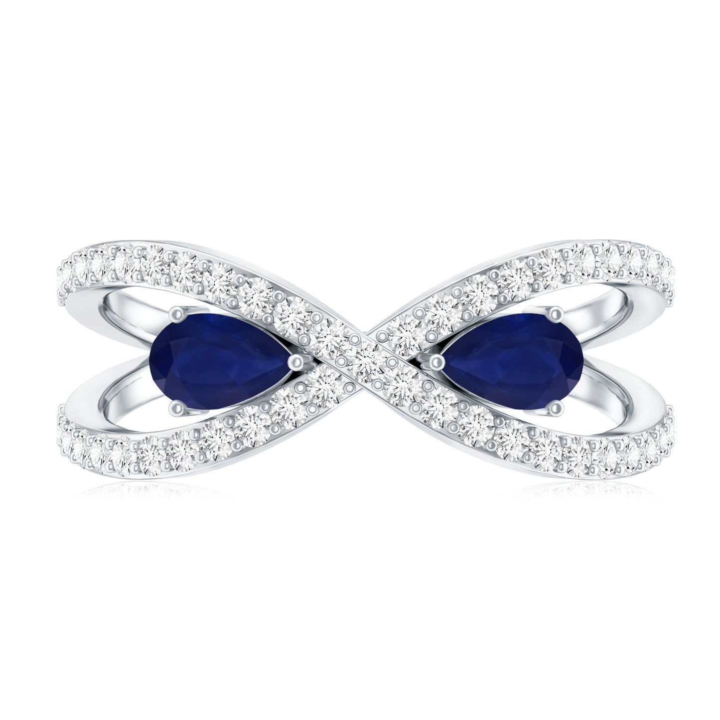 Real Pear Shape Blue Sapphire 2 Stone Engagement Ring with Diamond