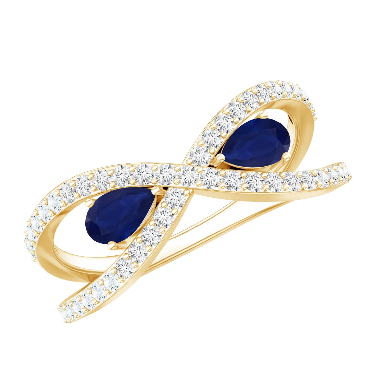 Real Pear Shape Blue Sapphire 2 Stone Engagement Ring with Diamond