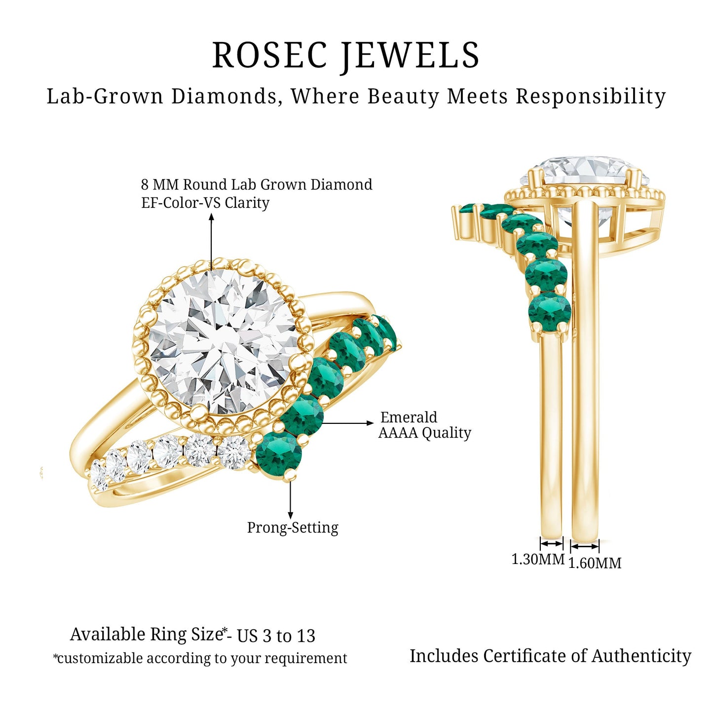 Certified Lab Grown Diamond 2 Carat Engagement Ring With Emerald Enhancer