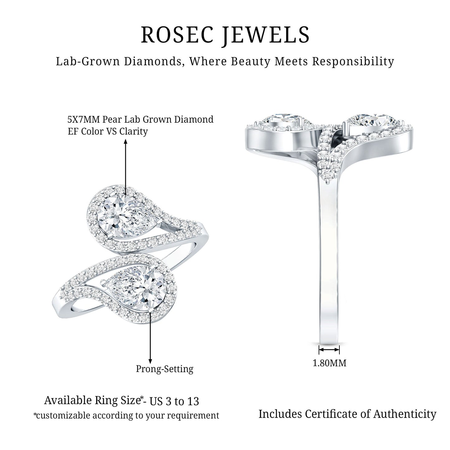 Certified Lab Diamond Toi Et Moi Designer Engagement Ring