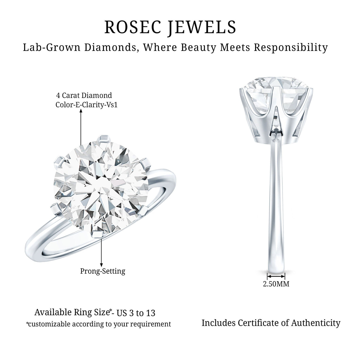 4 Carat Lab Created Diamond Solitaire Engagement Ring with IGI Certificate