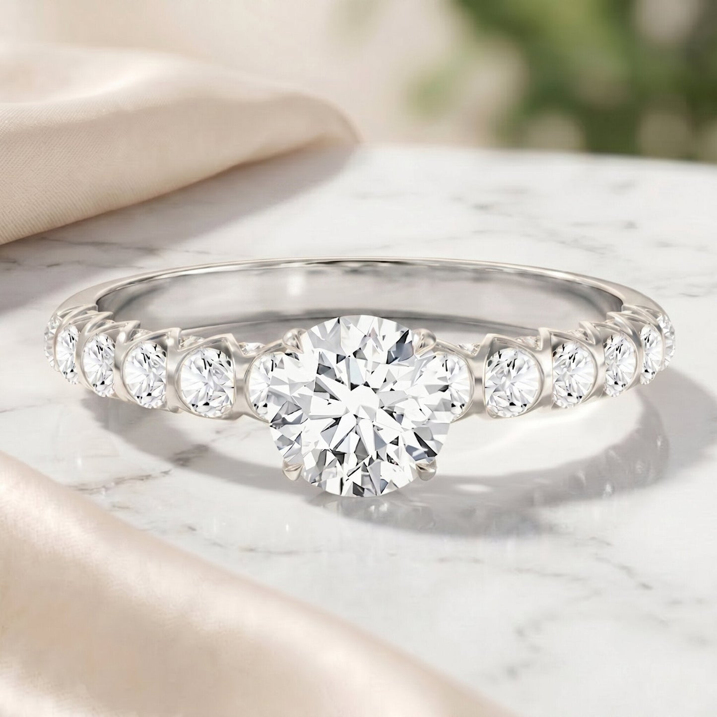IGI Certified Round Lab Grown Diamond Side Stone Engagement Ring
