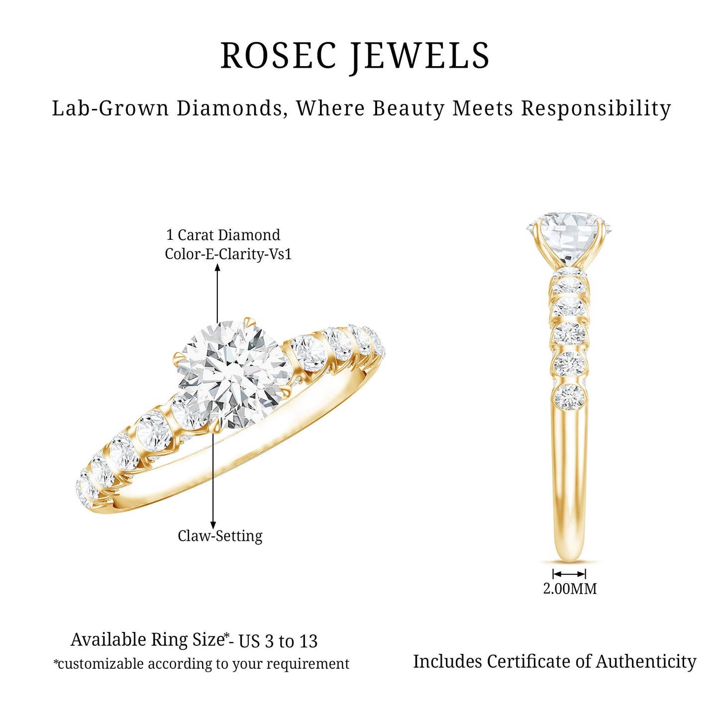 IGI Certified Round Lab Grown Diamond Side Stone Engagement Ring