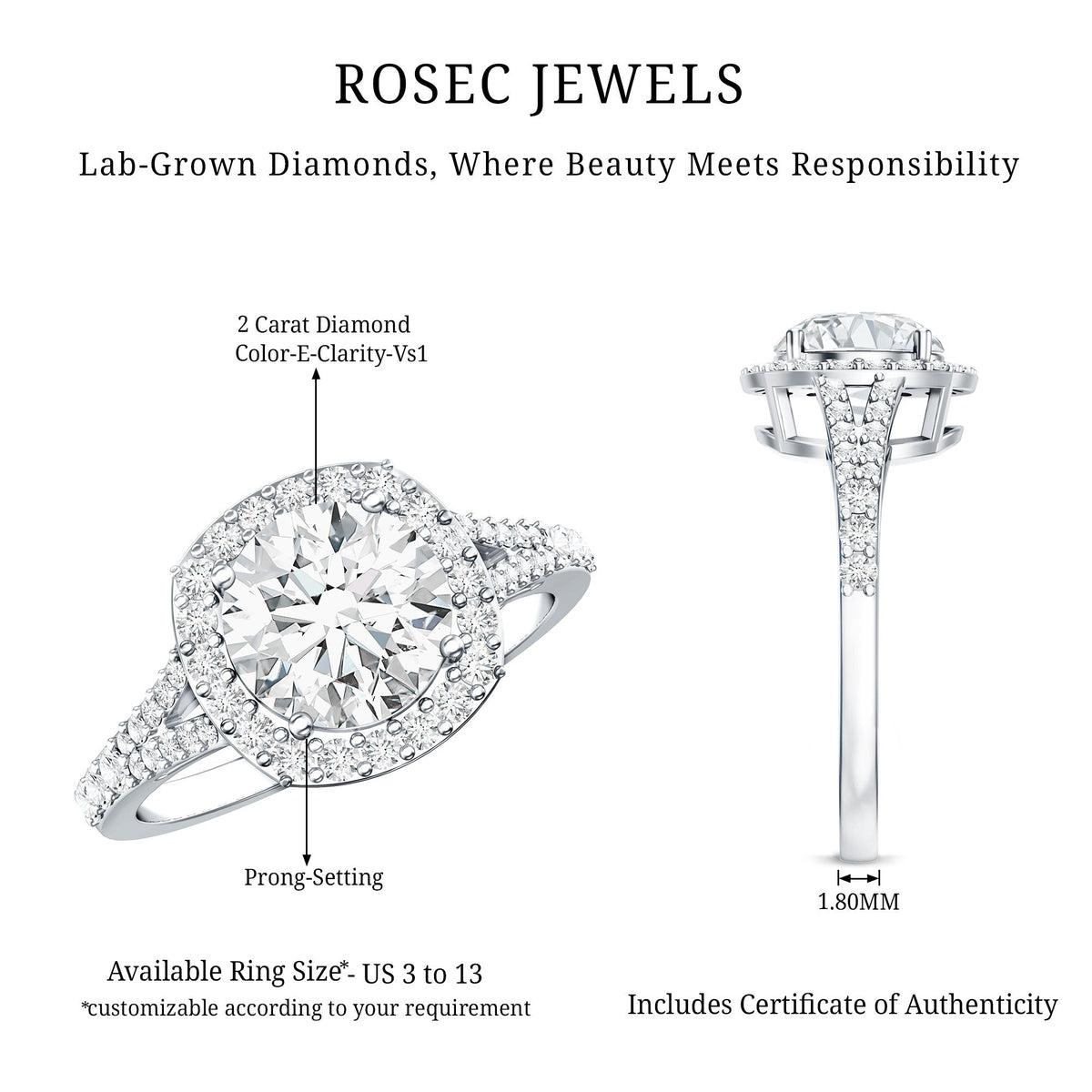 IGI Certified 2 Carat Round Lab Grown Diamond Statement Engagement Ring