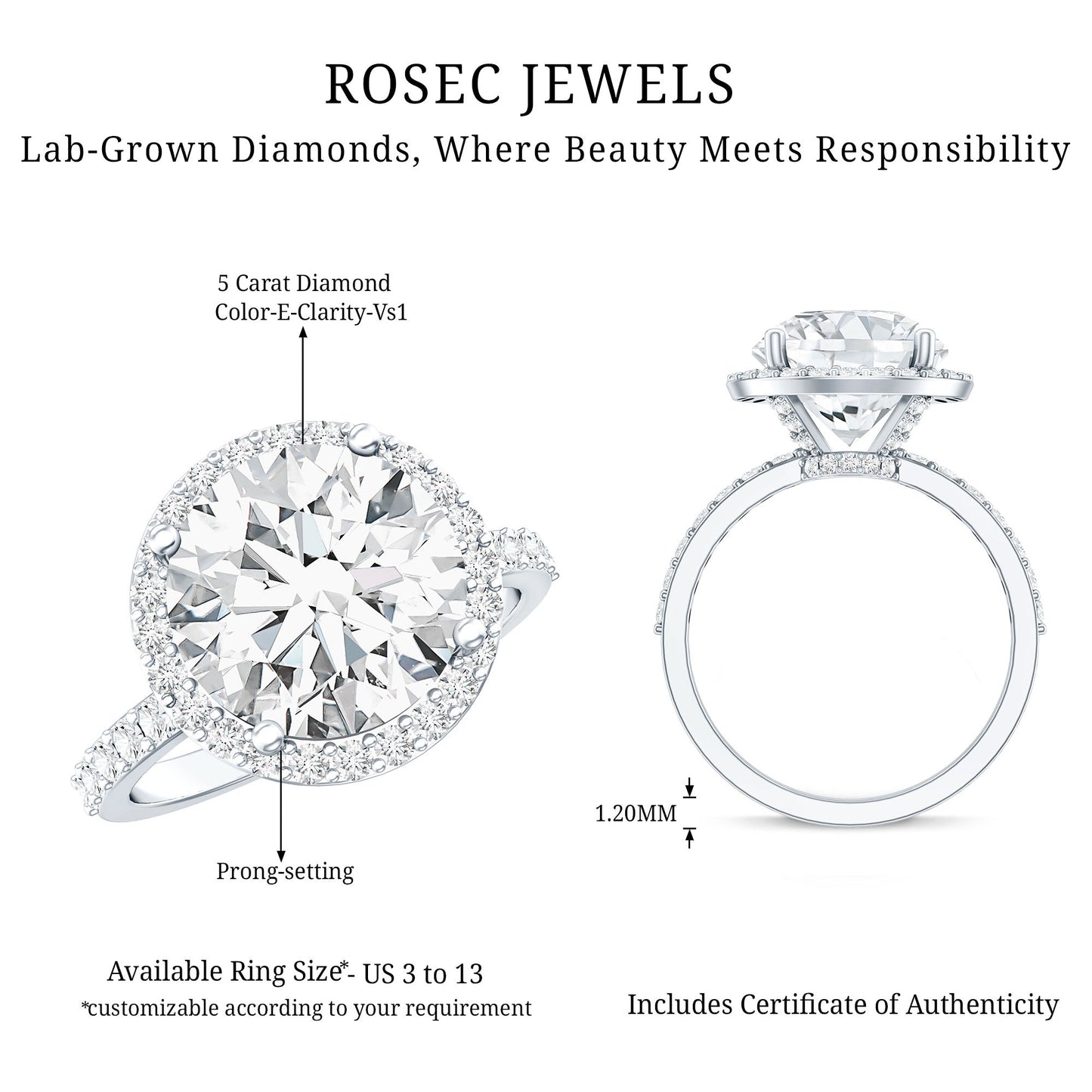 5 Carat Round Lab Grown Diamond Engagement Ring with IGI Certified