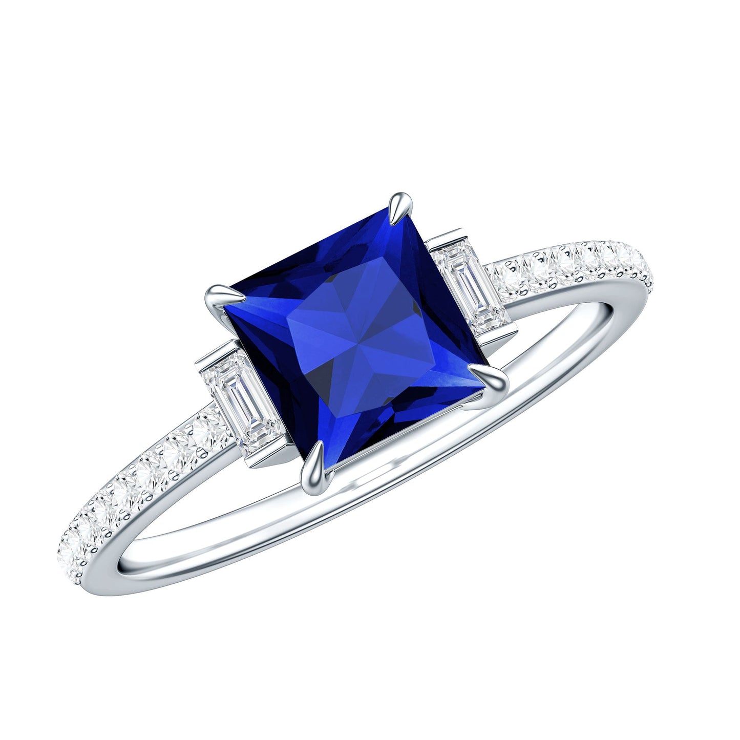 Certified 1.5 Carat Lab Blue Sapphire Princess Cut Engagement Ring with Diamond