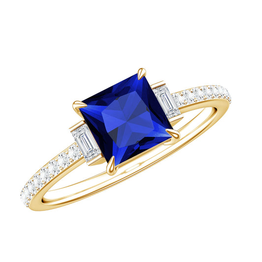 Certified 1.5 Carat Lab Blue Sapphire Princess Cut Engagement Ring with Diamond