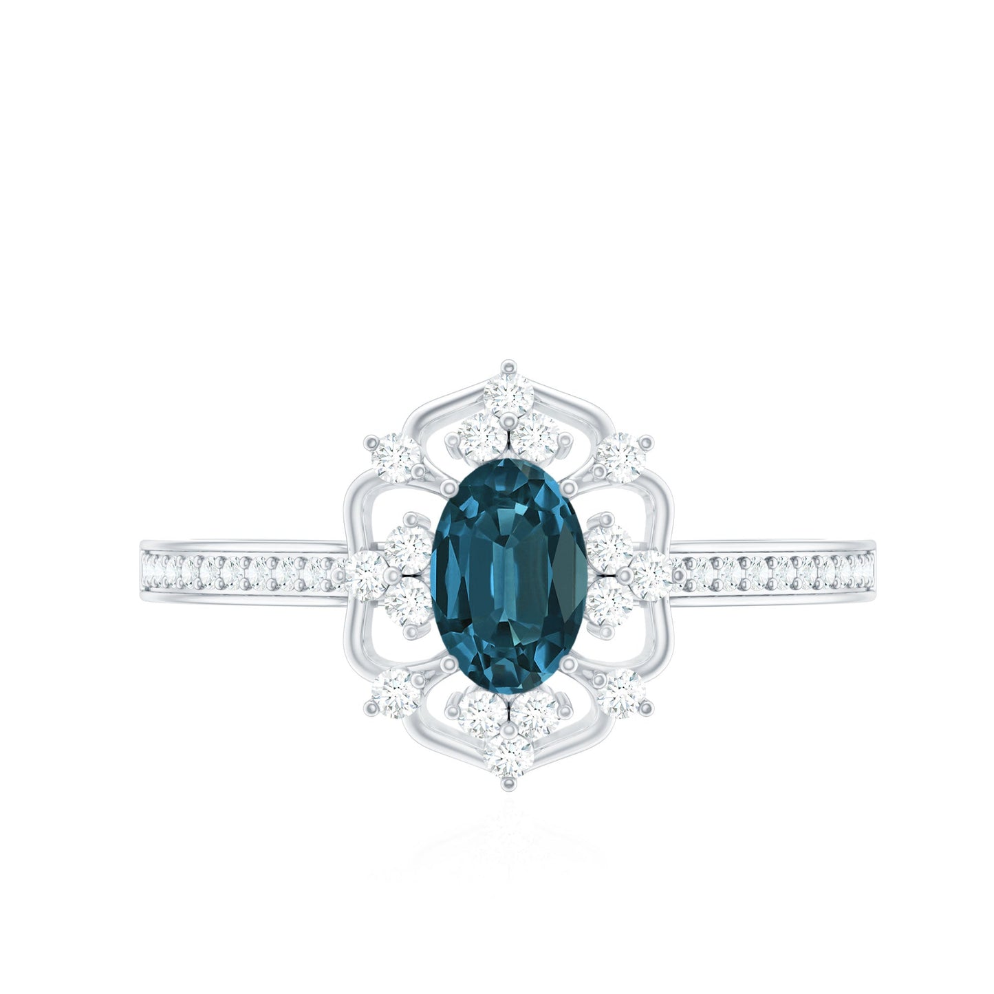 0.4 Carat Oval Cut London Blue Topaz Vintage Engagement Ring with Diamond
