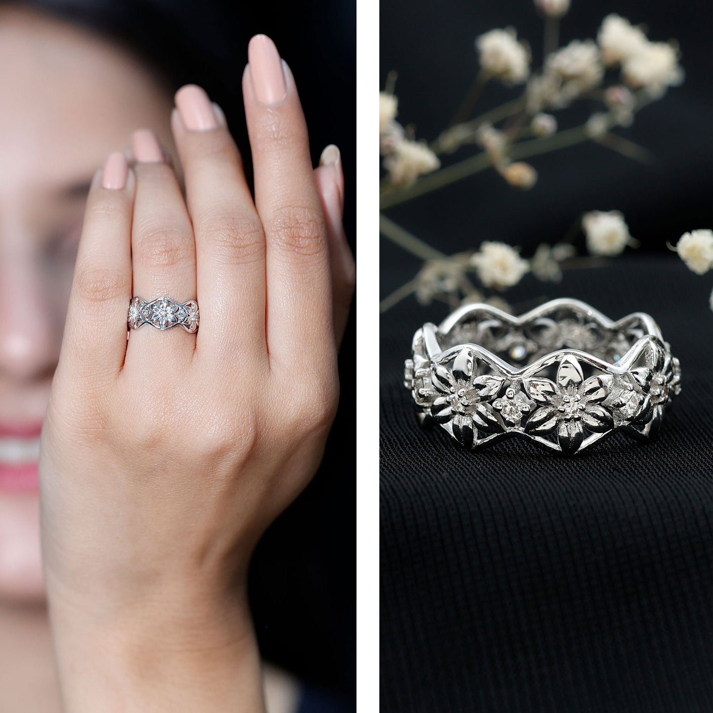 Natural Diamond Flower Wedding Band Ring With Certificate