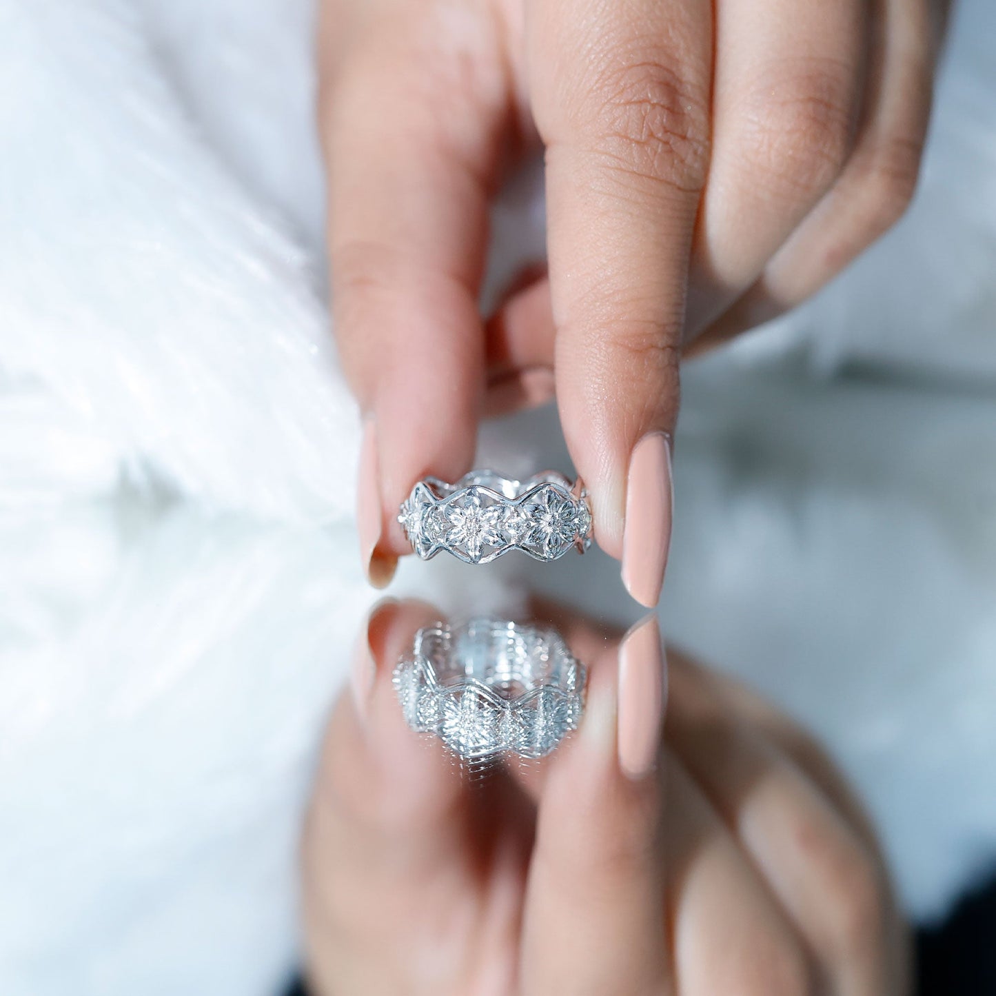 Natural Diamond Flower Wedding Band Ring With Certificate