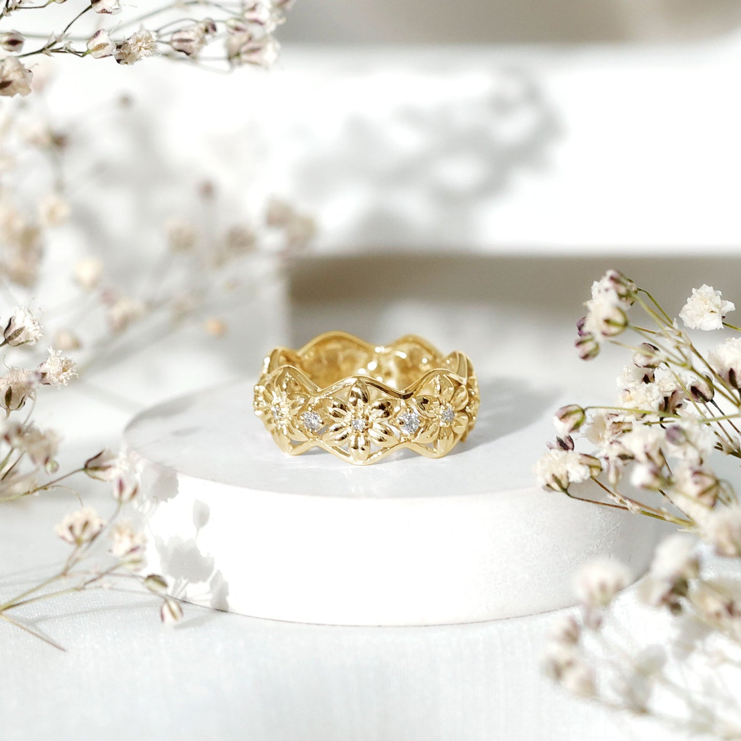Natural Diamond Flower Wedding Band Ring With Certificate