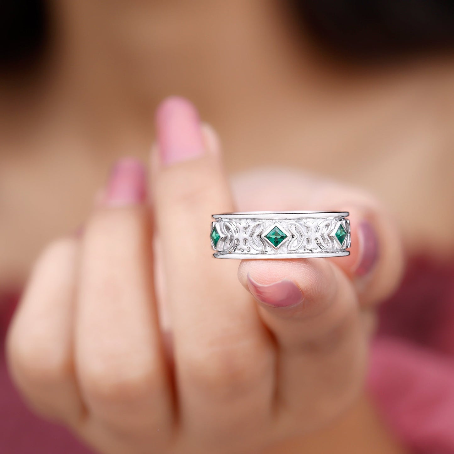 Princess Cut Lab Created Emerald Vintage Inspired Wedding Band