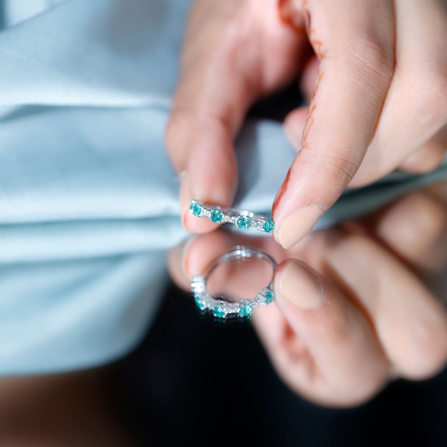 Real Emerald and Diamond Half Eternity Wedding Band Ring