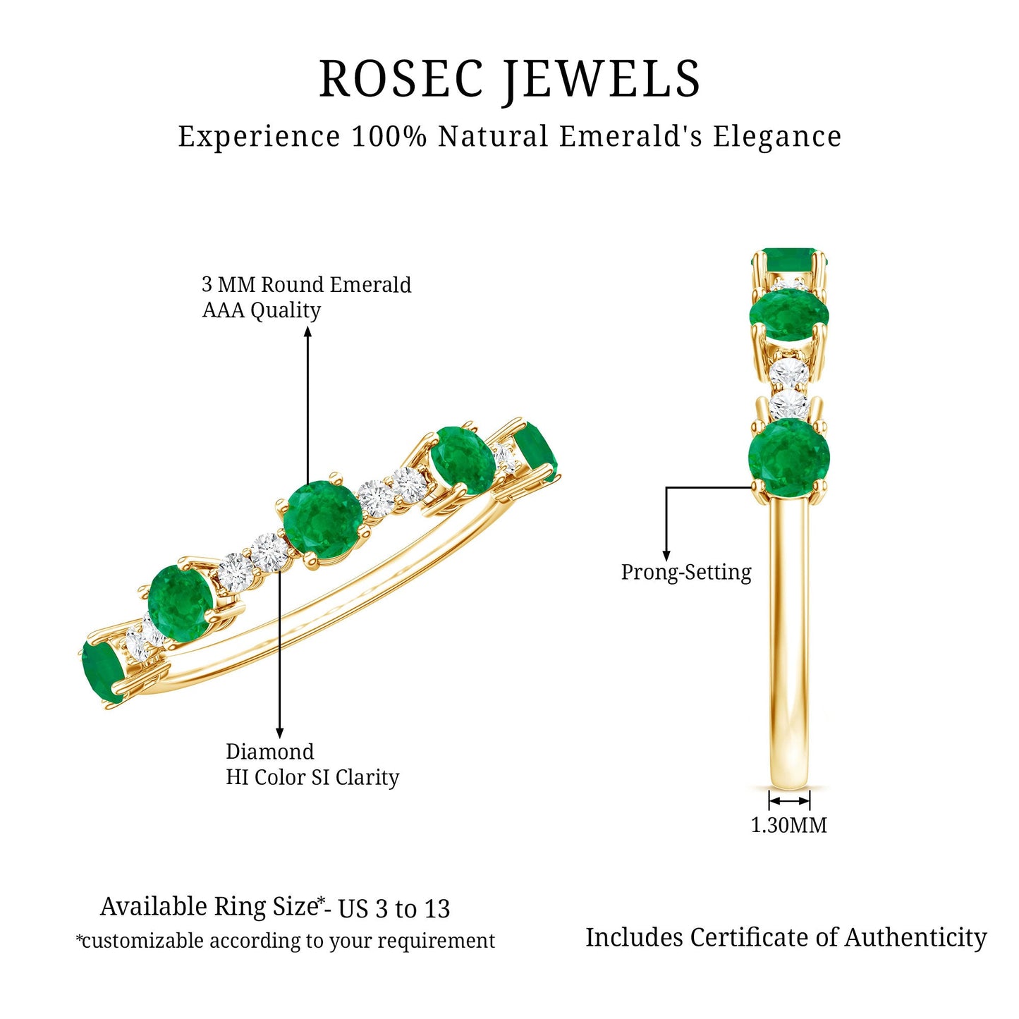 Real Emerald and Diamond Half Eternity Wedding Band Ring