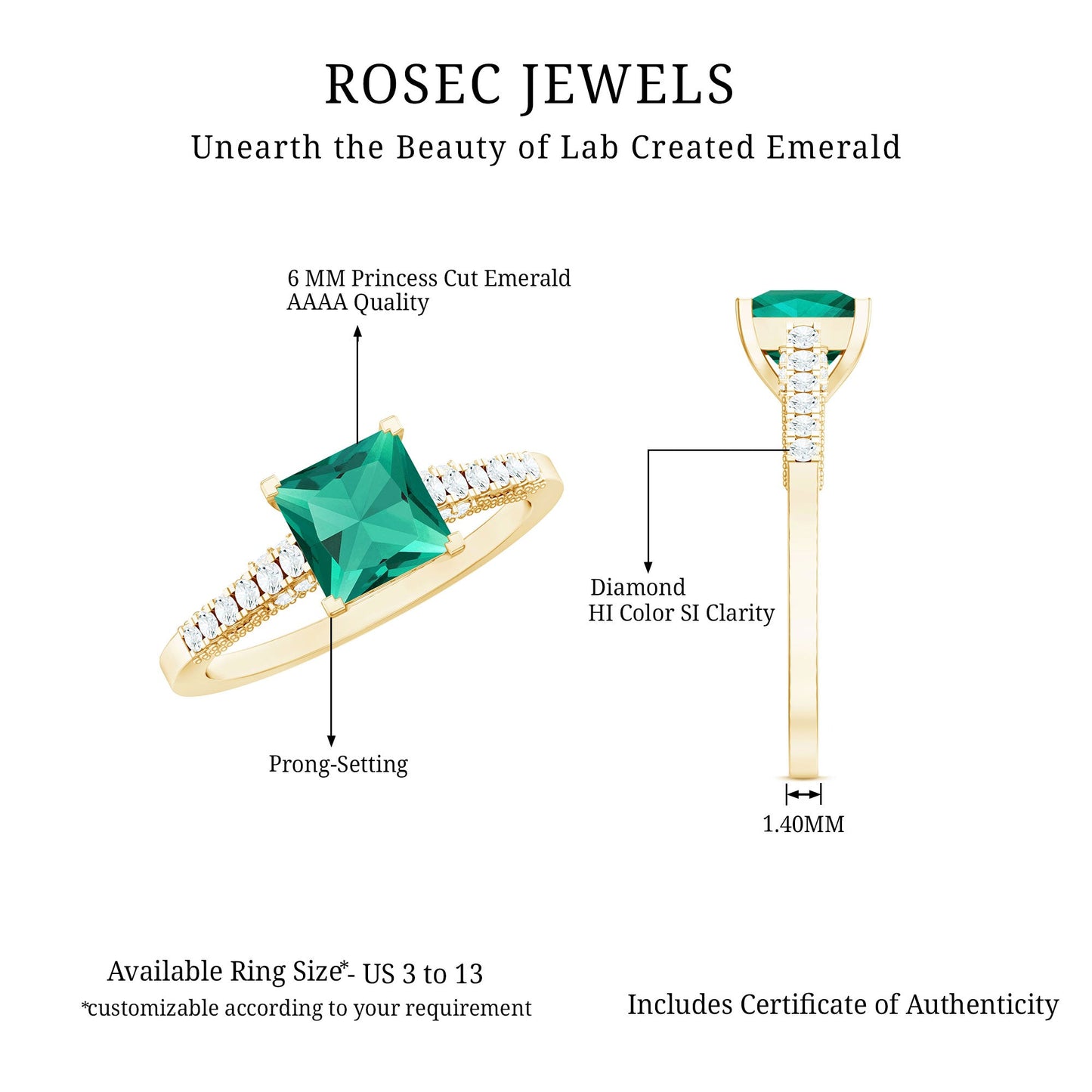 Princess Cut Lab Created Emerald Solitaire Ring with Diamond Side Stones