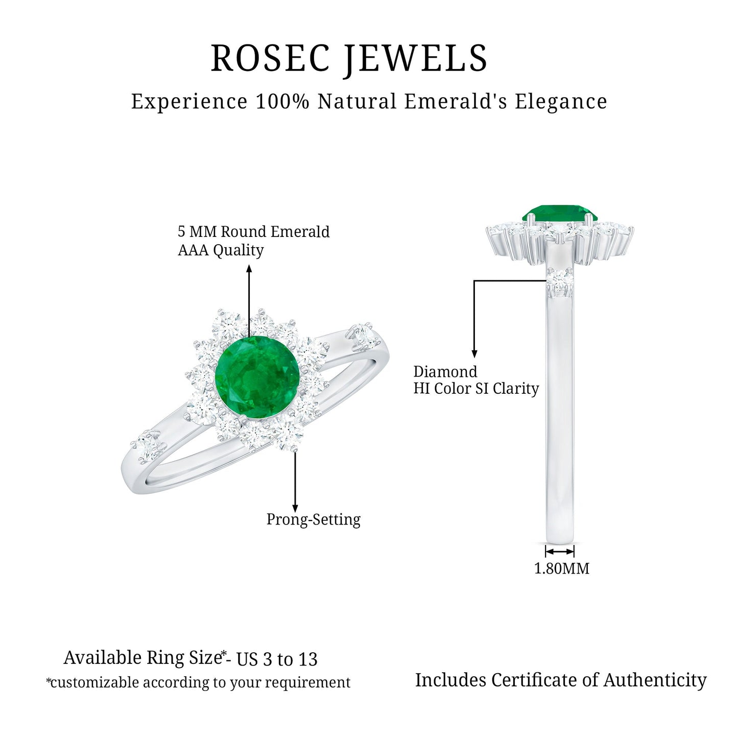0.4 Carat Round Shape Emerald Promise Ring with Diamond Halo