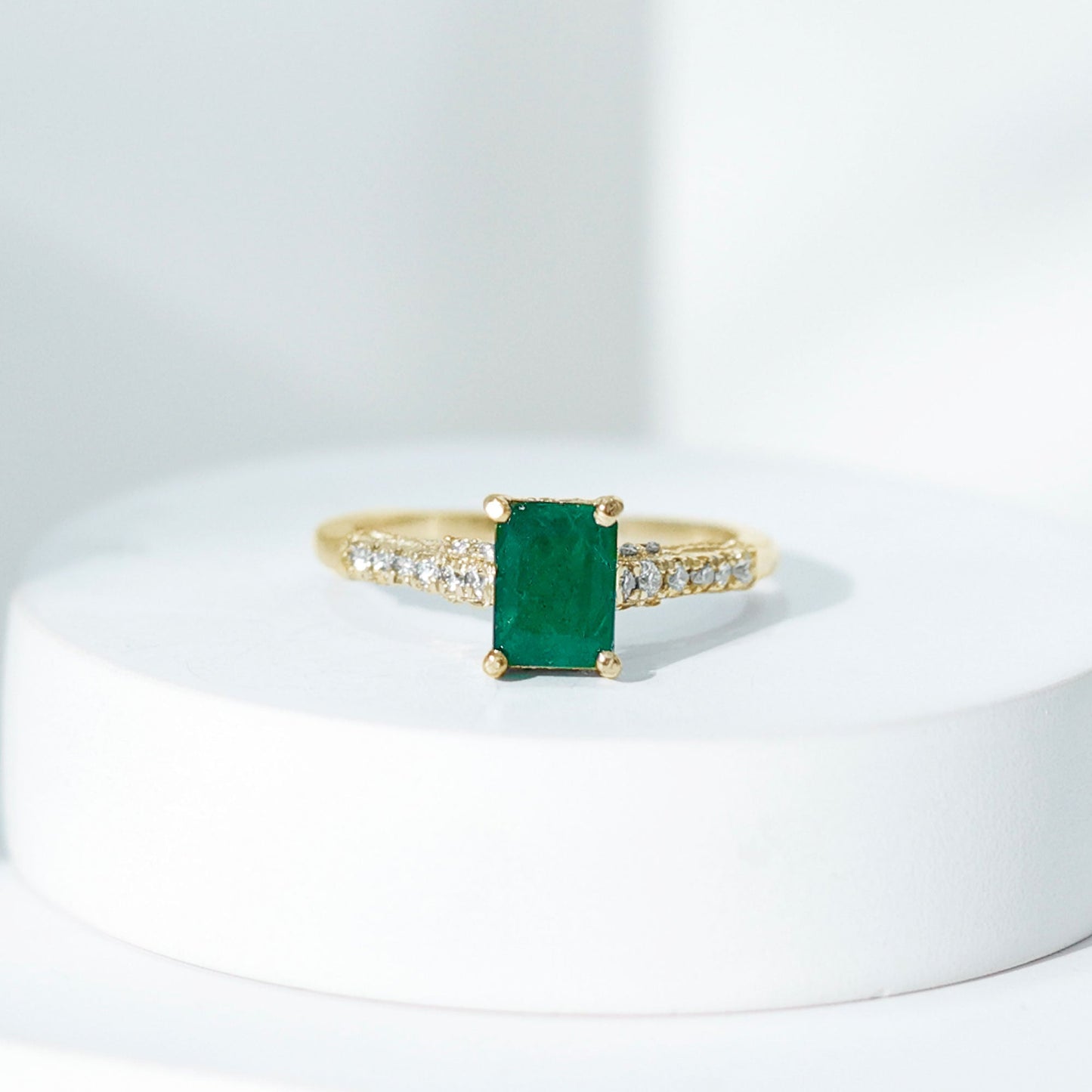 Vintage Inspired 1 Carat Emerald Cut Emerald Engagement Ring with Diamonds
