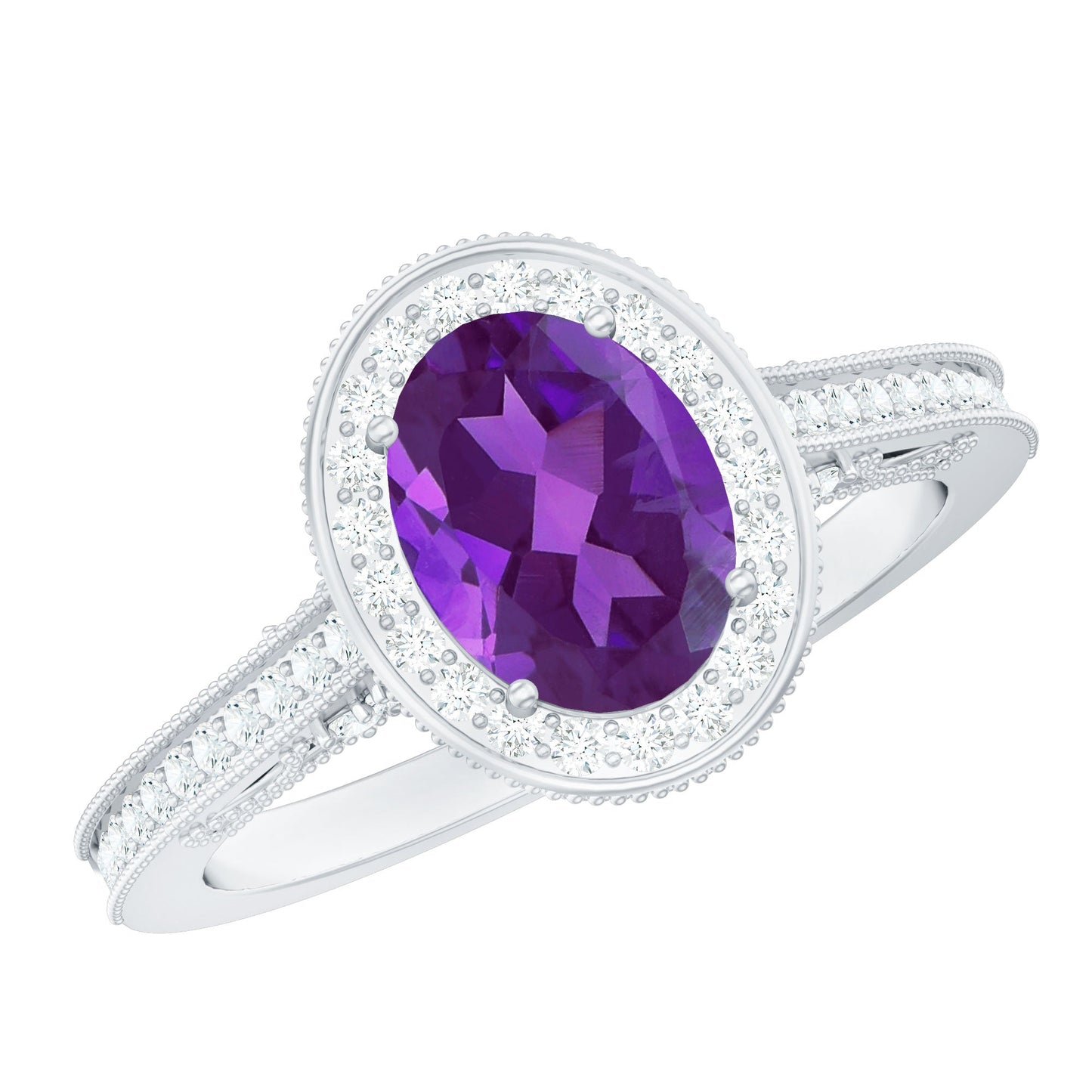 Vintage Style 1 Carat Amethyst Oval Engagement Ring with Diamond Halo