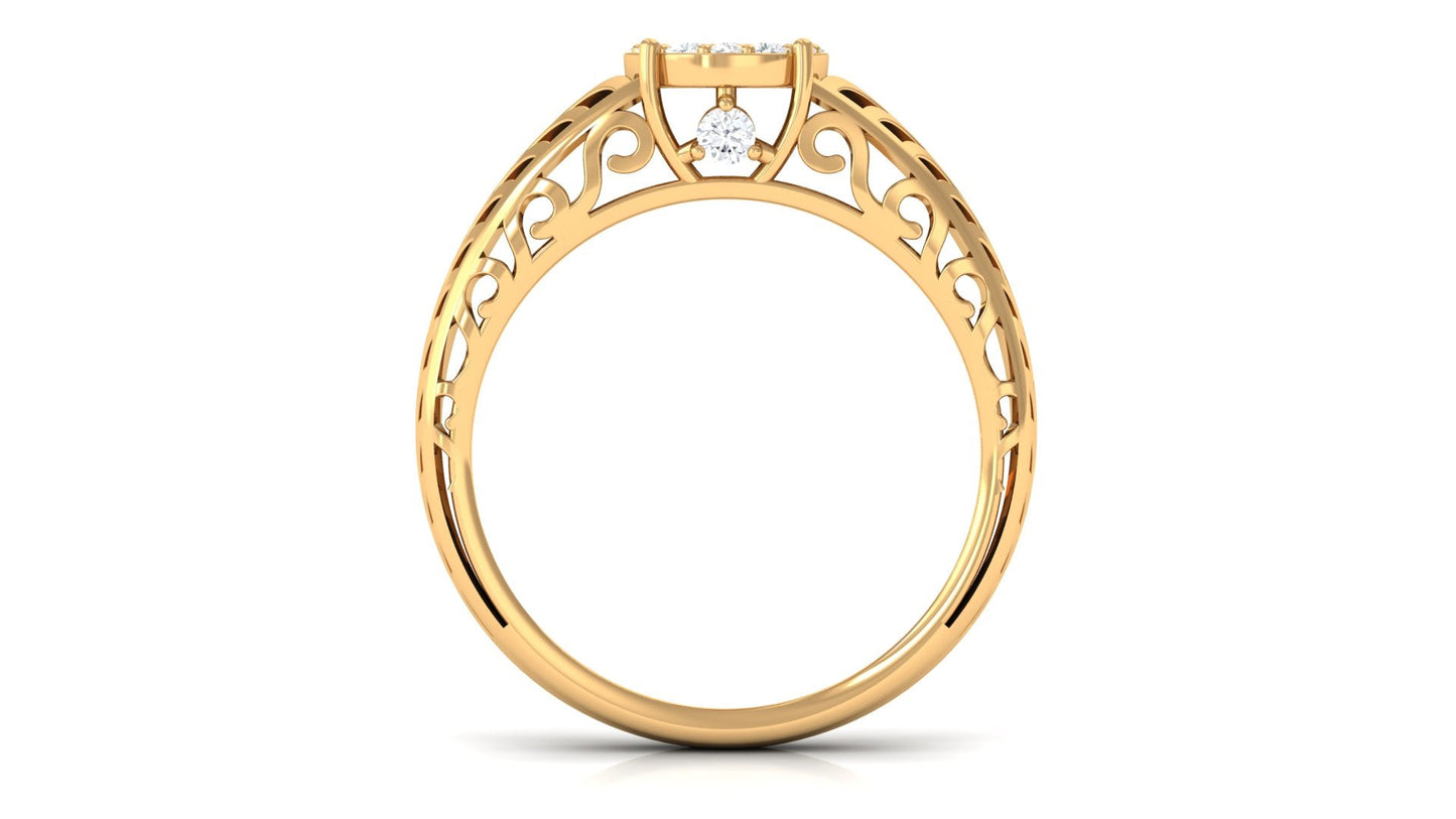 Round Cut Real Diamond Engagement Ring with Filigree Shank