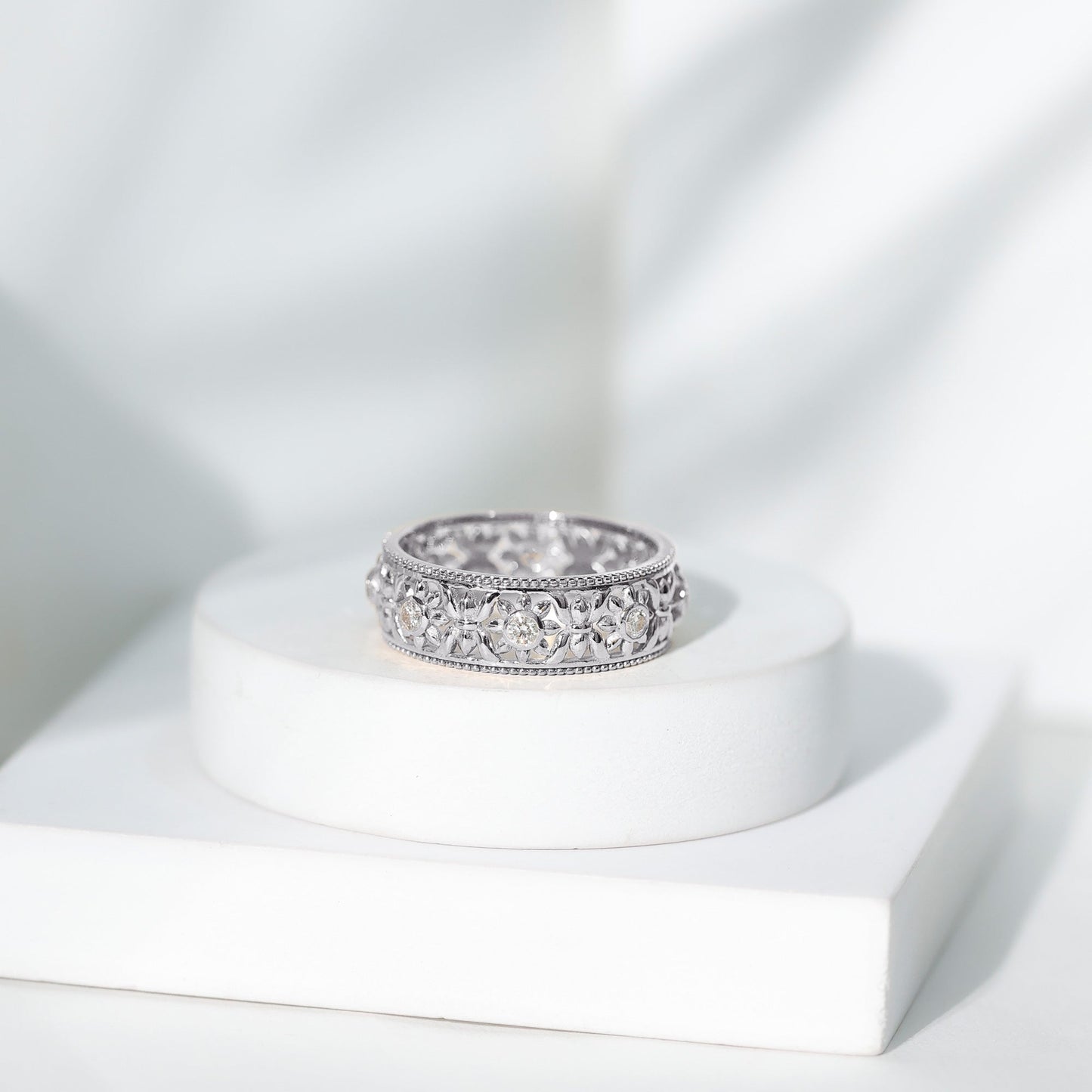 Bezel Set Diamond Flower Filigree Wedding Band