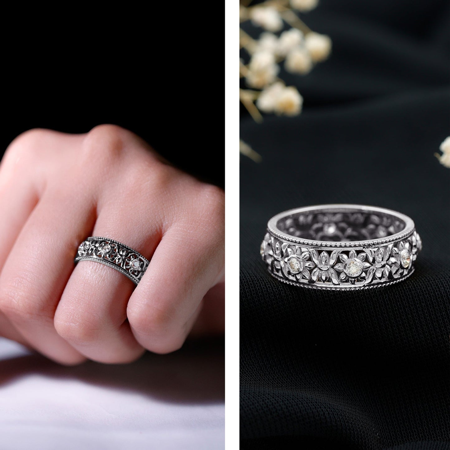 Bezel Set Diamond Flower Filigree Wedding Band