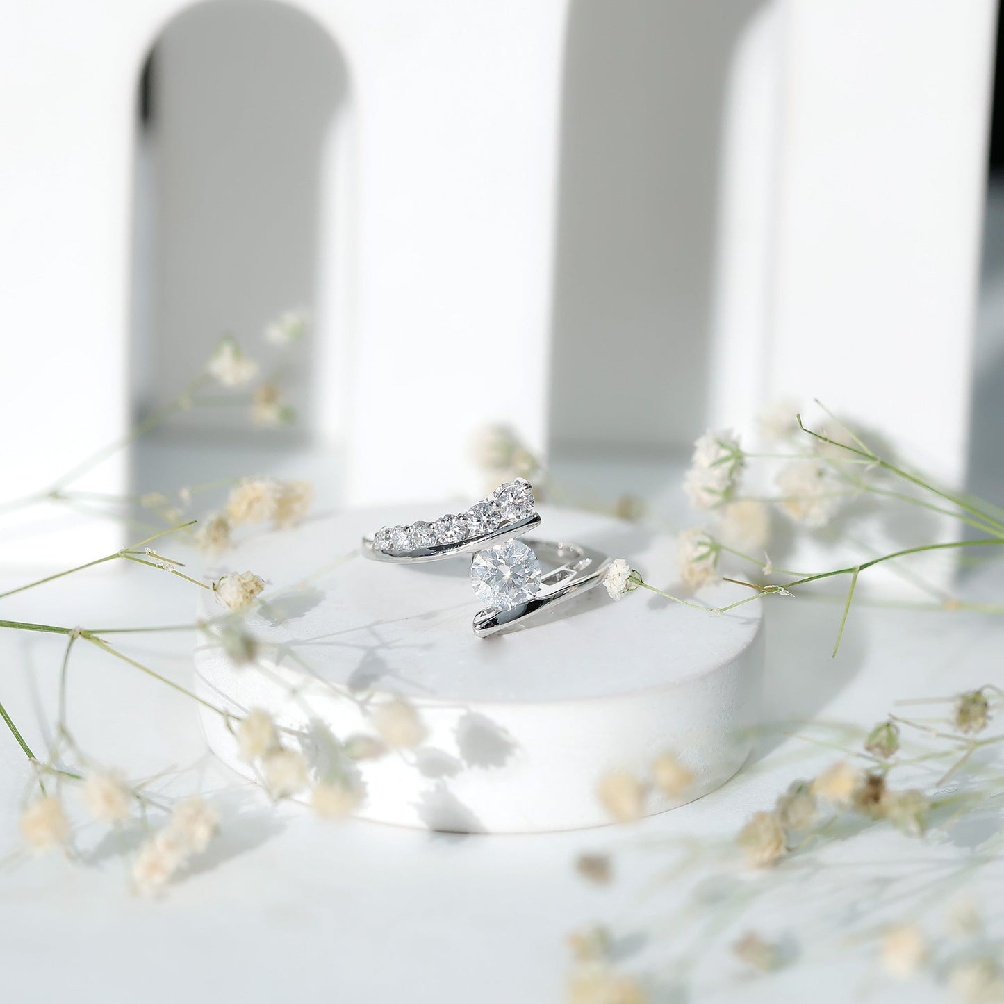 0.9 Carat Certified Round Moissanite Bypass Engagement Ring