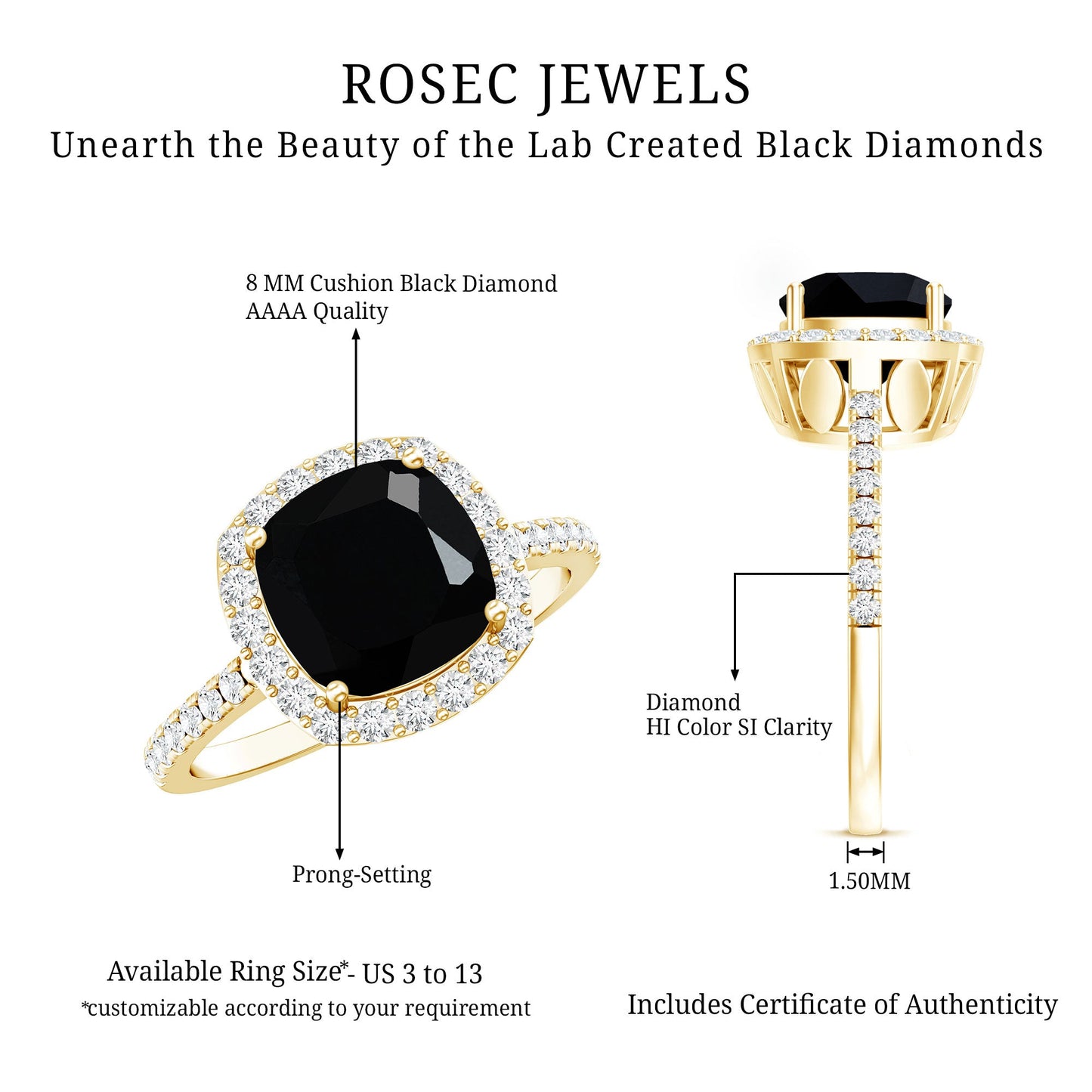 2.8 Carat Lab Grown Black Diamond Cushion Cut Engagement Ring with White Diamond Halo