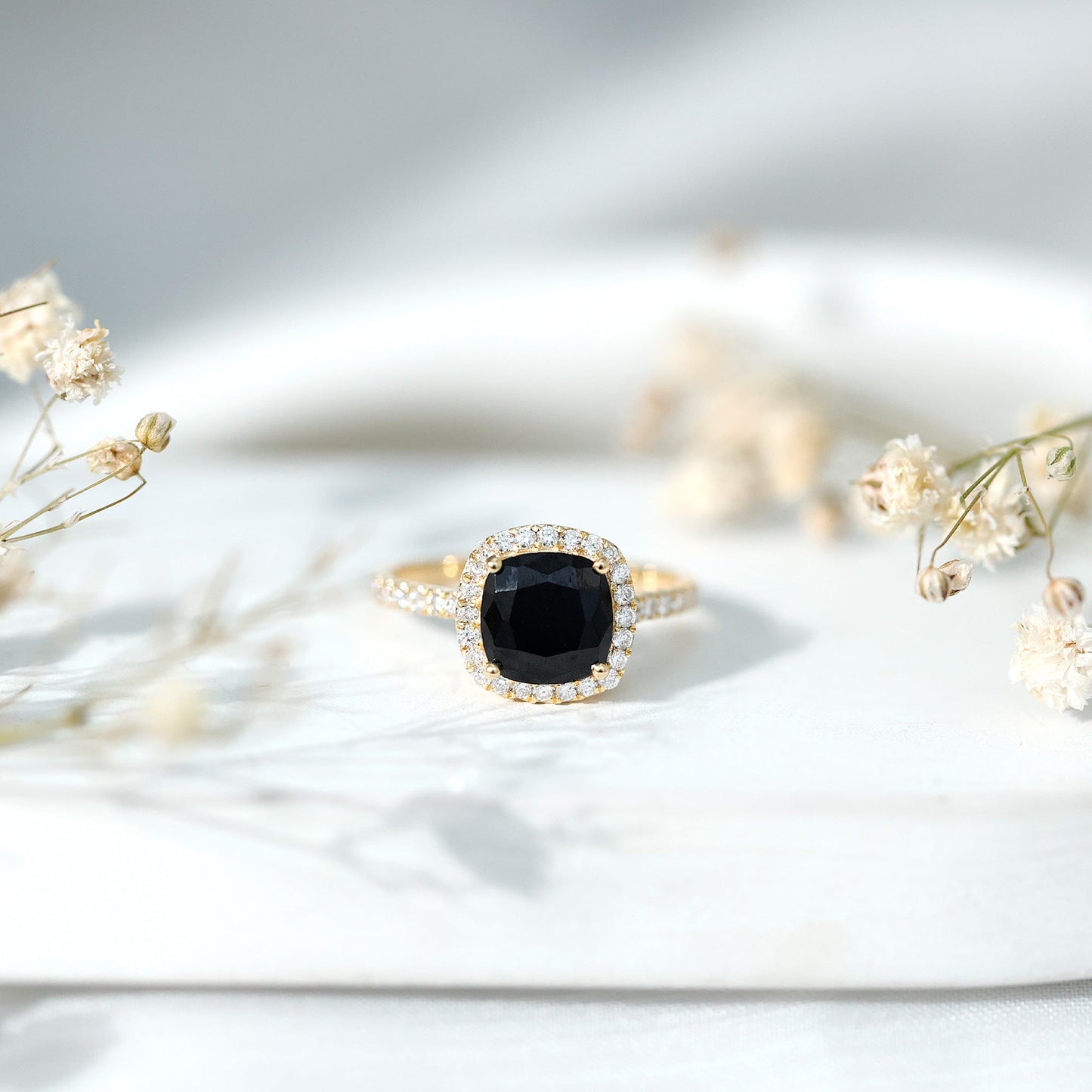 2.8 Carat Lab Grown Black Diamond Cushion Cut Engagement Ring with White Diamond Halo