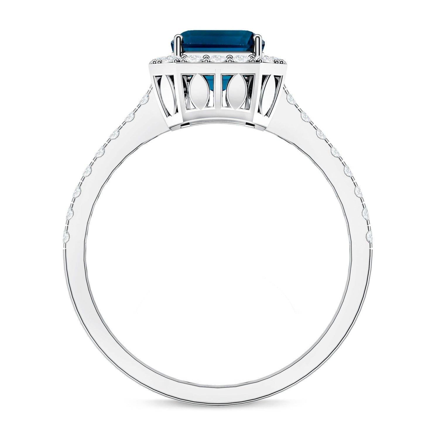 2.2 Carat Emerald Cut London Blue Topaz Engagement Ring with Diamond Halo