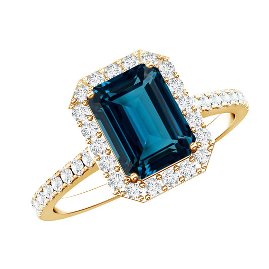 2.2 Carat Emerald Cut London Blue Topaz Engagement Ring with Diamond Halo