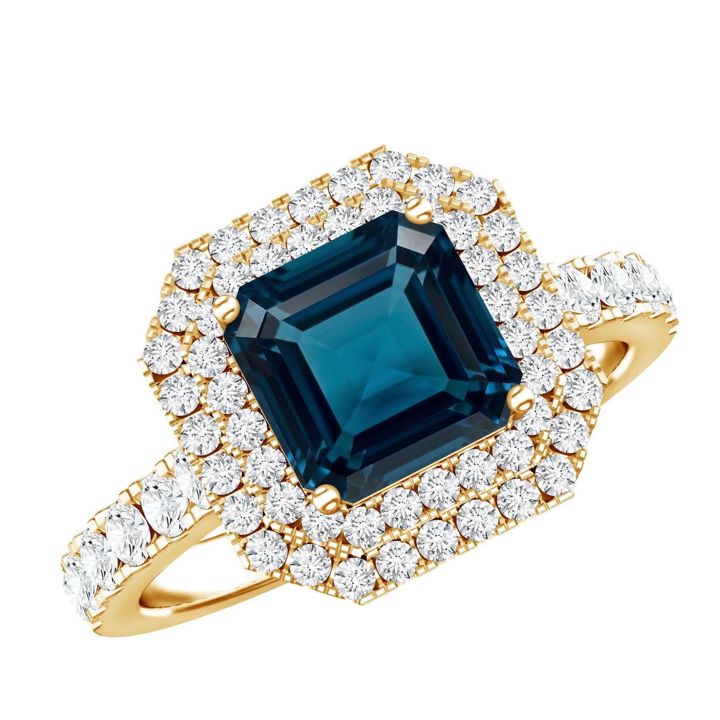 3 Carat Asscher Cut London Blue Topaz Engagement Ring with Double Halo