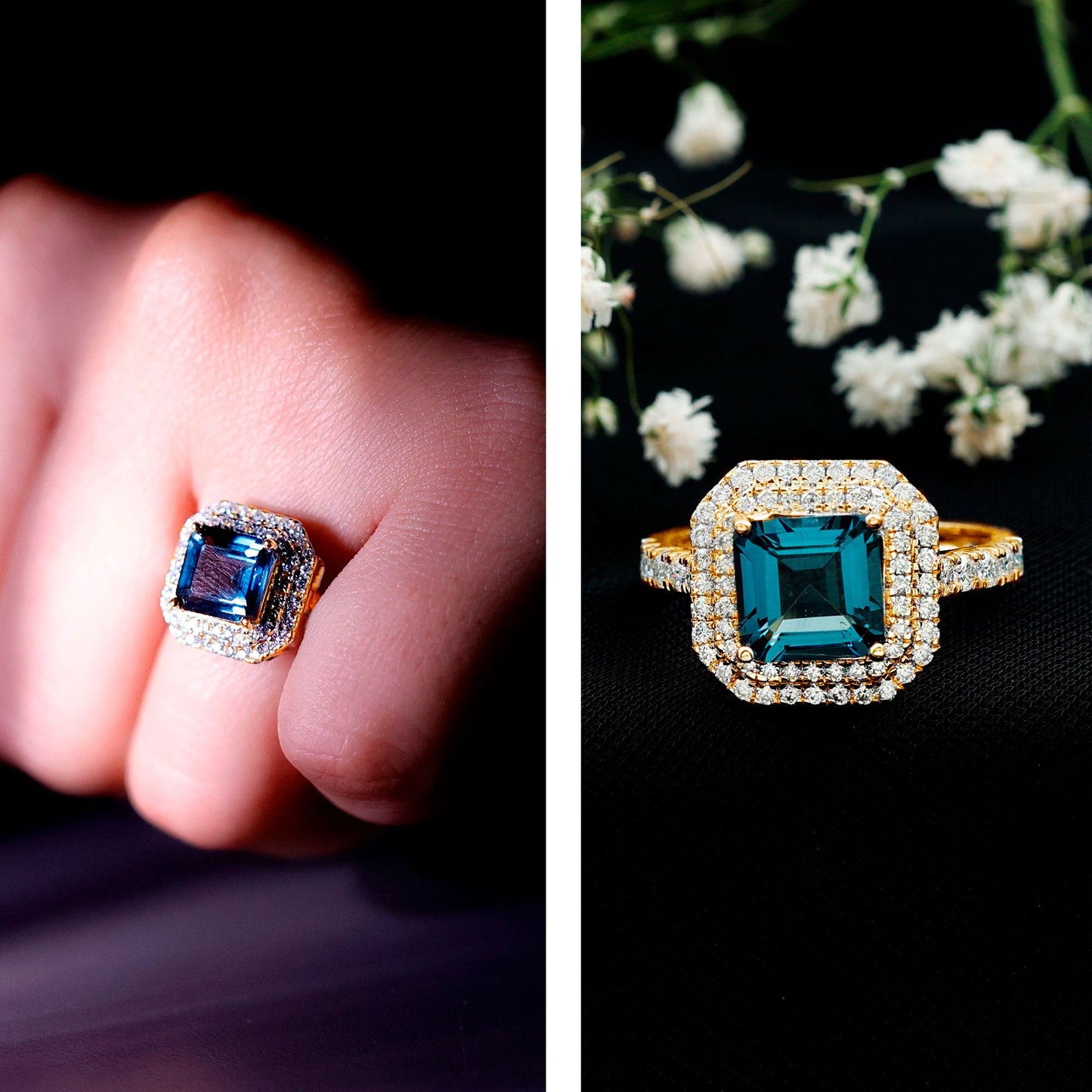 3 Carat Asscher Cut London Blue Topaz Engagement Ring with Double Halo