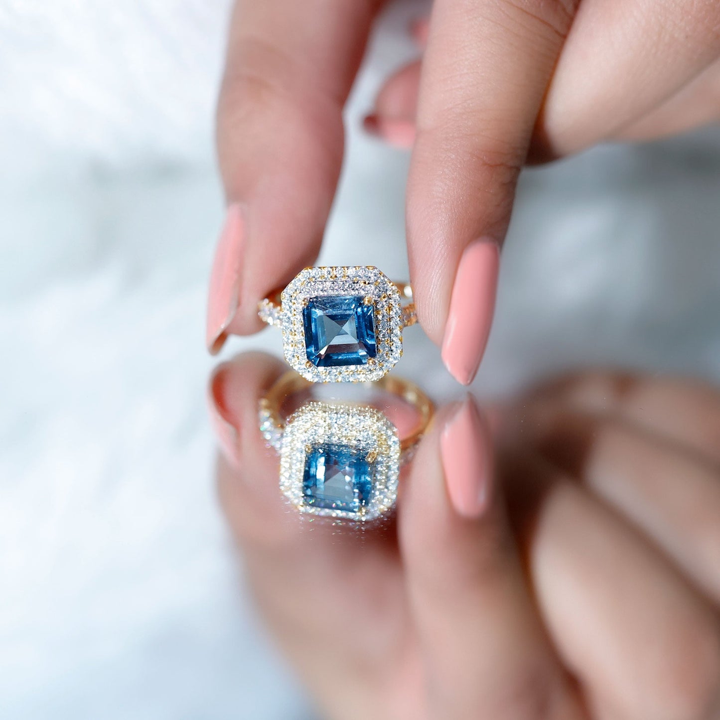 3 Carat Asscher Cut London Blue Topaz Engagement Ring with Double Halo